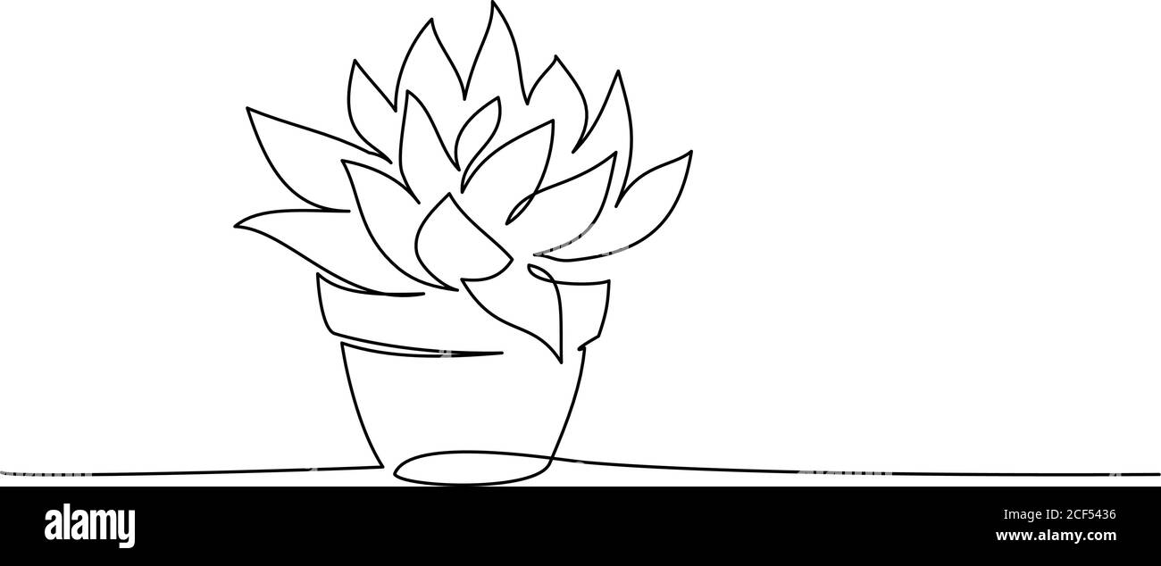 Planta de la casa en la olla. Dibujo continuo de una línea. Aislado sobre fondo blanco. Ilustración vectorial. Ilustración del Vector