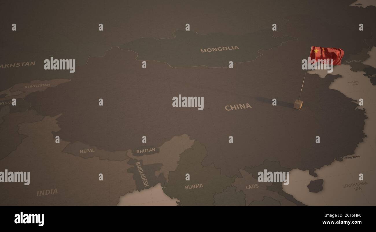 Bandera en el mapa de China. Mapa Vintage y la bandera de los países asiáticos serie 3D Rendering Foto de stock