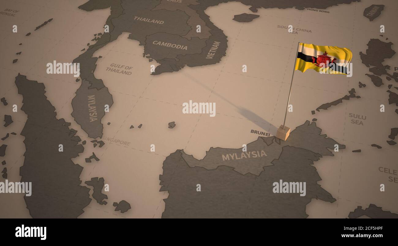 Bandera en el mapa de Brunei. Mapa Vintage y la bandera de los países asiáticos serie 3D Rendering Foto de stock