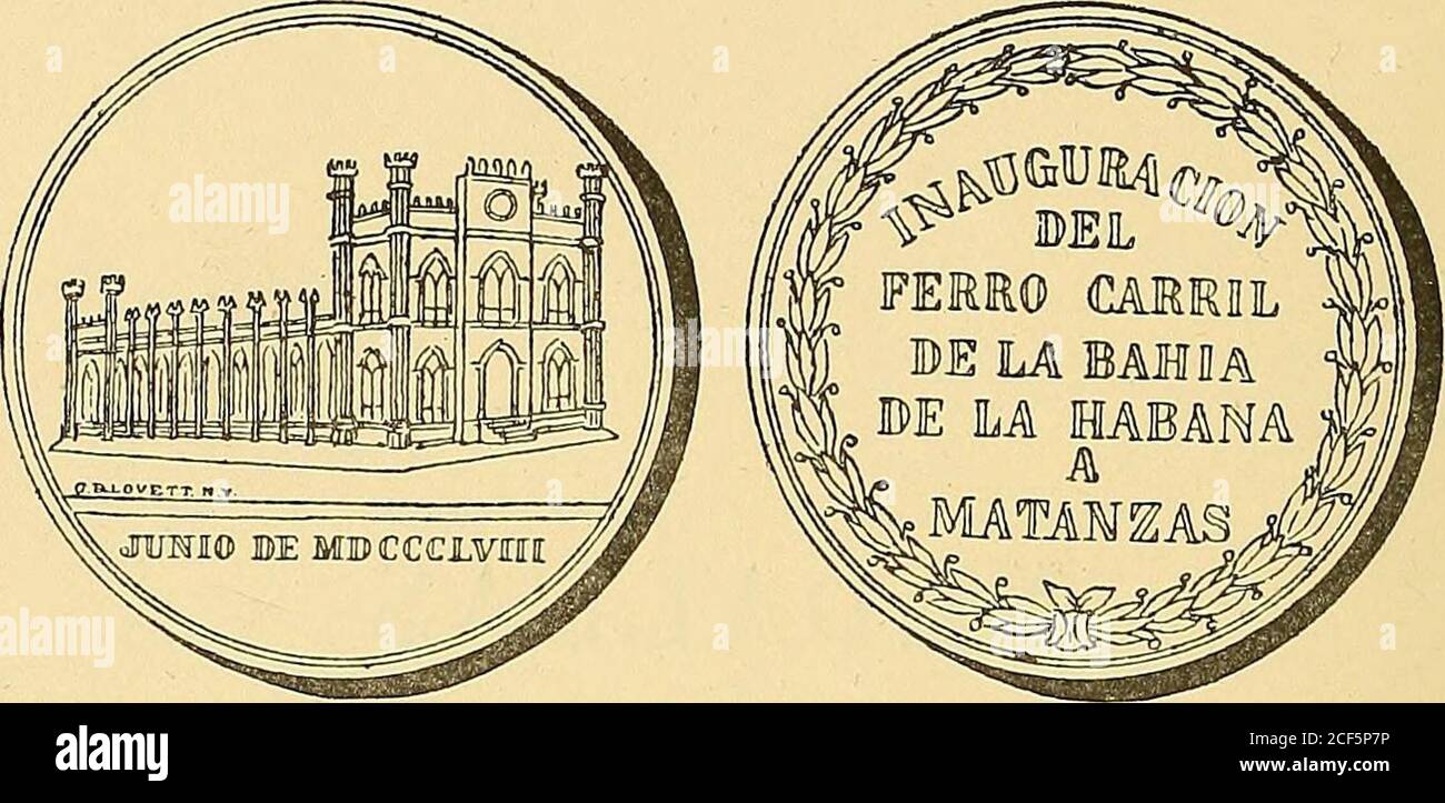 . Monetario americano (ilustrado) clasificado. N 1157—Anverso Leyenda Lvdovico D Velasco et VicencioGonzález. En el campo: Sus bustos, á la derecha. Exergo:Prieto. Reverso Leyenda in • Morro • Vit • Glor • Fvnct • Enel campo: Una ciudad (la Habana) fortificada y en la quese destino el Morro, bombardeado por la escuadra inglesa.en el centro una mina ha reaventurado, levantando una columna de fuego y humo. Debajo hay esta inscripción:Artivrá Academia Carolo Rege Cathol AnnventeCons. A. MDCCLXIII. Cobre: Peso 55 pesos. — 344 —. N 1158—anverso ETI el campo: Un edificio de estilo gótico. Debaj Foto de stock