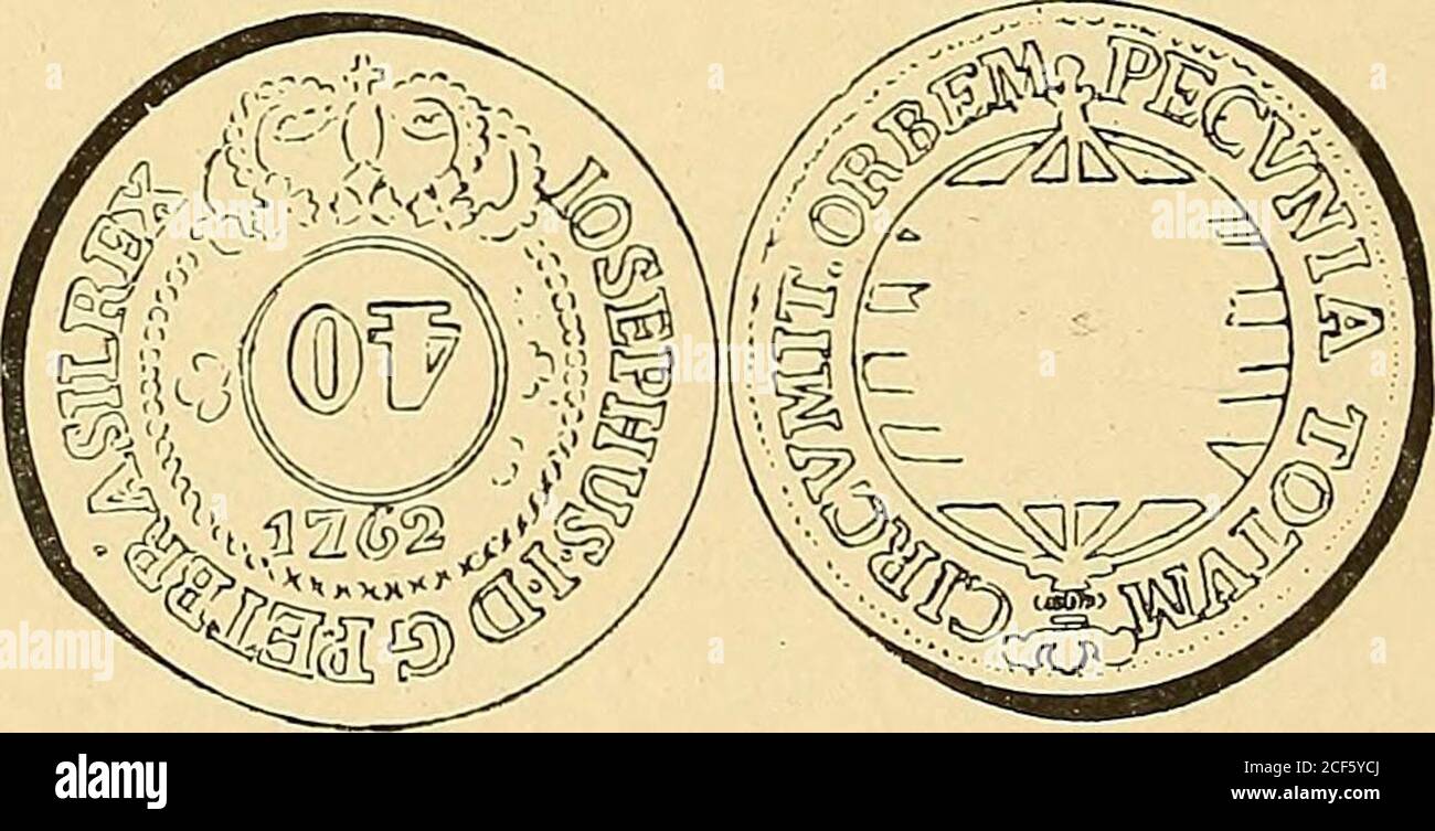 . Monetario americano (ilustrado) clasificado. 719.Reverso Leyenda Pecvnia • Totum • Circvmit • Orbem. En el campo: Esfera armilar. Reis 20: Peso 12 gramos. 9 decig. N 994—anverso Leyenda loannes V. D. G. P. et Brasil. Rex. En el campo: Armas de Portugal con las colinas, (cinco escu-dos de azur colocados en cruz, teniendo cada uno cinco dineros plataformas, en aspa. Los escudos representan las llamas de Cristo yésimos con los 2 dineros forman los jo en qíie fué vedido A losJudias), surmontadas por corona real y á cada uno de los tresflores. — 280 — Reverso Leyenda • Vsibvs *• Aptivs • Aaro * VtZZ-k en Foto de stock