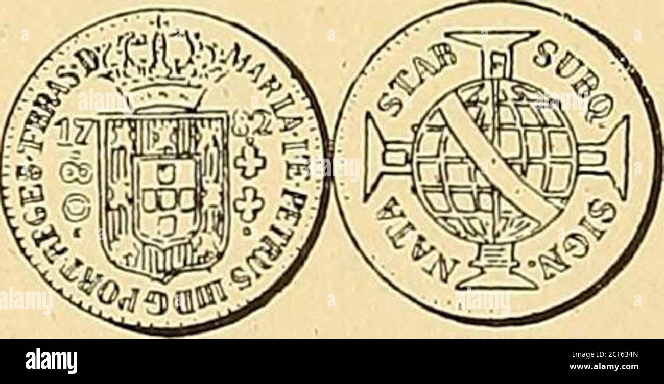 . O en el campo: La letra J entre dos flores y bajocorona real; á la izquierda • 600 • y á la derecha tres flores.debajo . 1771 . Reverso Leyenda SVB • P • firma • Nata Stab. En elcampo: Se armilar sobre la cruz de la Orden deCristo; en el centro de la esfera y sobre el zodiaco la LetraR (Río de Janeiro). Reis fuertes 600: Peso 17 gramos. 4 decig. — 250 — N 829 — anverso Leyenda Josephus • I • D G • Port • Rex • E • B • D • en el campo: A la derecha tres flores, á la izquierda cifra «IGO» y á los lados de la corona, la fecha 17-71. Reverso Foto de stock