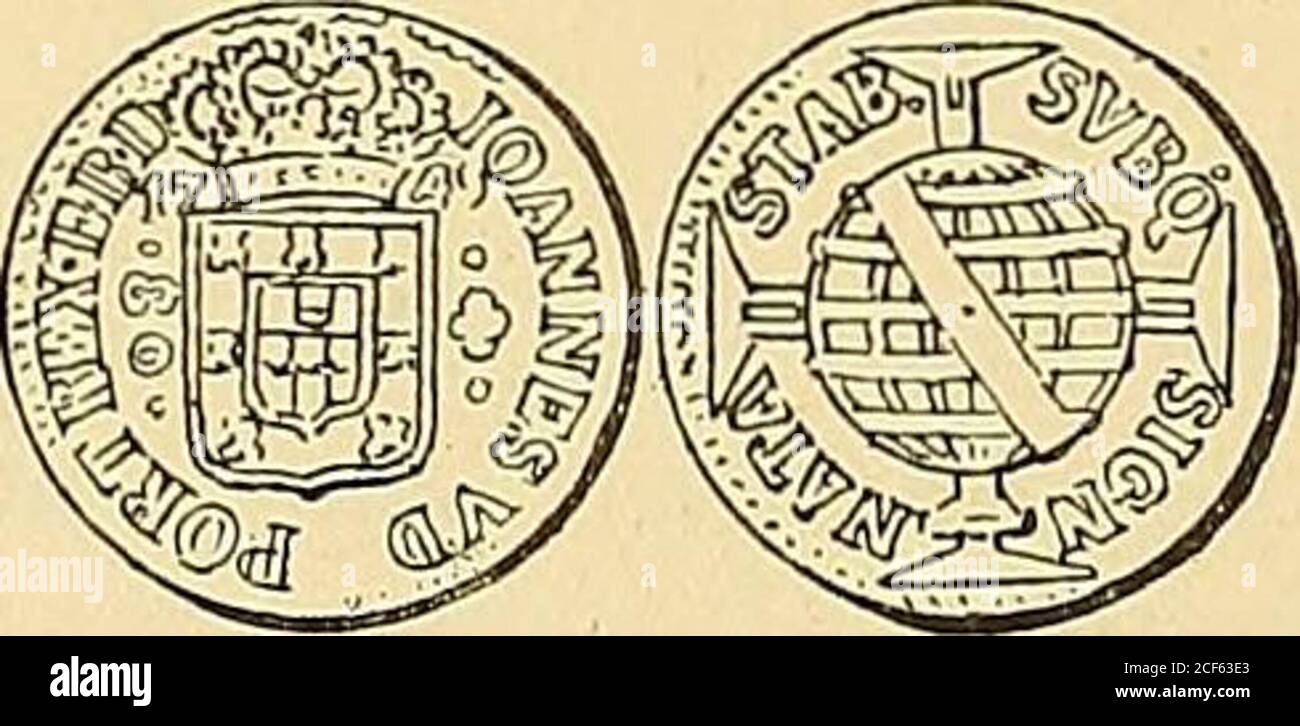 . Monetario americano (ilustrado) clasificado. N° 801—anverso Leyenda loannes V. D G. Port, Rex. E • Bras. D. en el CMNPO: Escudo de armas de Portugal,teniendo a la izquierda la cifra « 640 • y á la derecha tresflores. A los lados de la corónala fecha 17-48, Reverso Leyenda Svbq. Signo. Nata. Apuñalada. En elcampo: Se armilar sobre la cruz de la Orden deCristo. En el centro de la esfera hay la letra R (Río de Janeiro). Reis fuertes 640: Peso 18 gramos. 3 decig.. N 802—anverso Leyenda loannes V. D G. Port. Rex. E. B. D. en el campo: Escudo de armas de Portugal, teniendo a laizquierda la cif Foto de stock