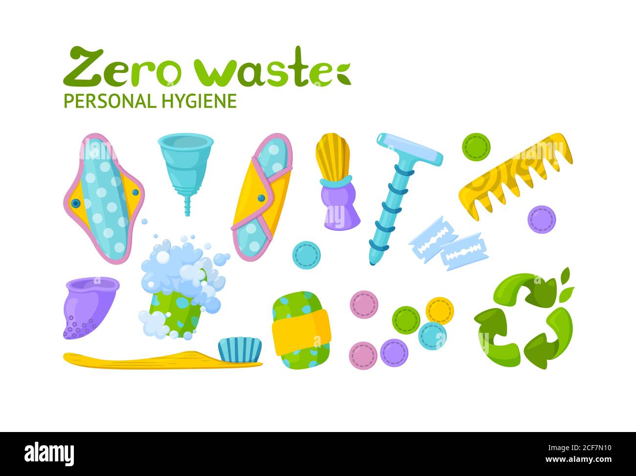 Higiene personal sin residuos. Símbolo de reciclaje y artículos reutilizables. Ilustración vectorial en estilo de dibujos animados Ilustración del Vector