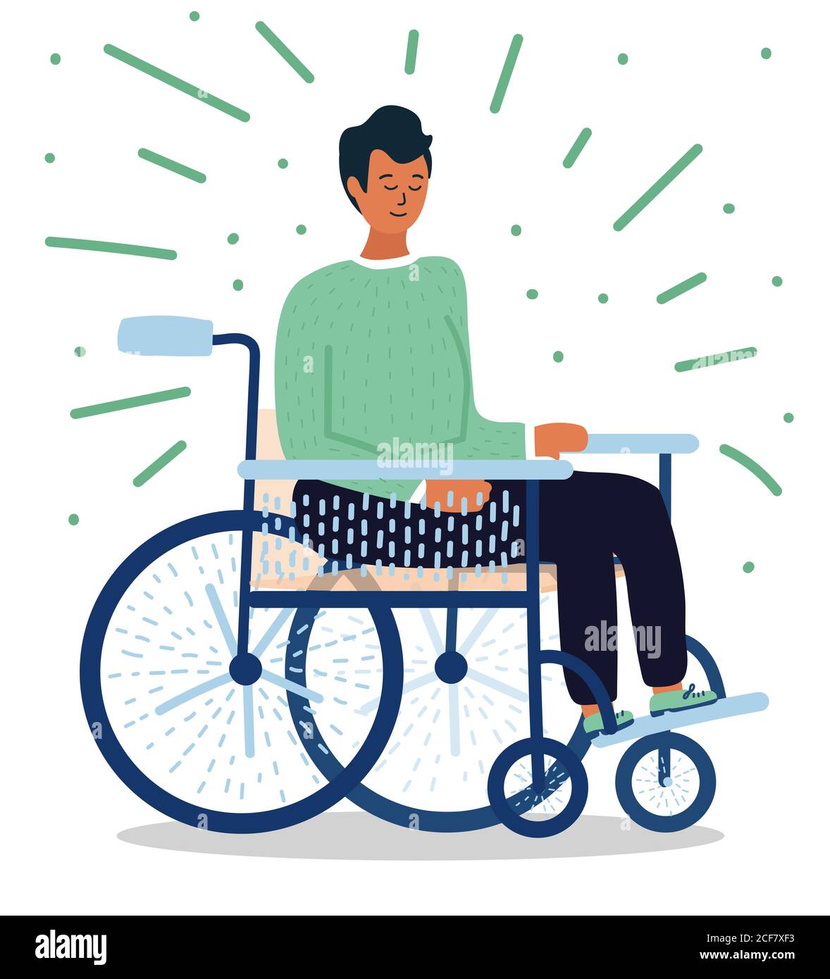 un joven de dibujos animados se sienta en silla de ruedas con elementos azules y respaldo y asiento beige. Pantalones negros y suéter verde. Estilo dibujado a mano. Aislado sobre blanco Imagen un joven de dibujos animados se sienta en silla de ruedas con elementos azules y respaldo y asiento beige. Pantalones negros y suéter verde. Estilo dibujado a mano. Aislado sobre blanco Imagen