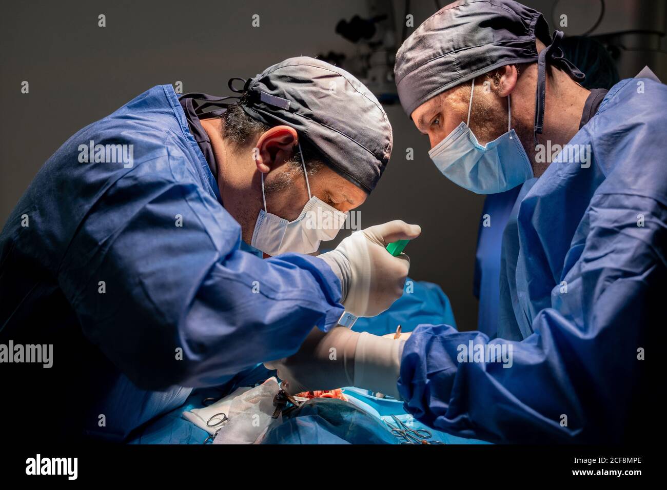 Cirujanos y enfermeras en la concentración uniforme y el uso de pacientes  operativos equipo especial en el quirófano del hospital contemporáneo  Fotografía de stock - Alamy