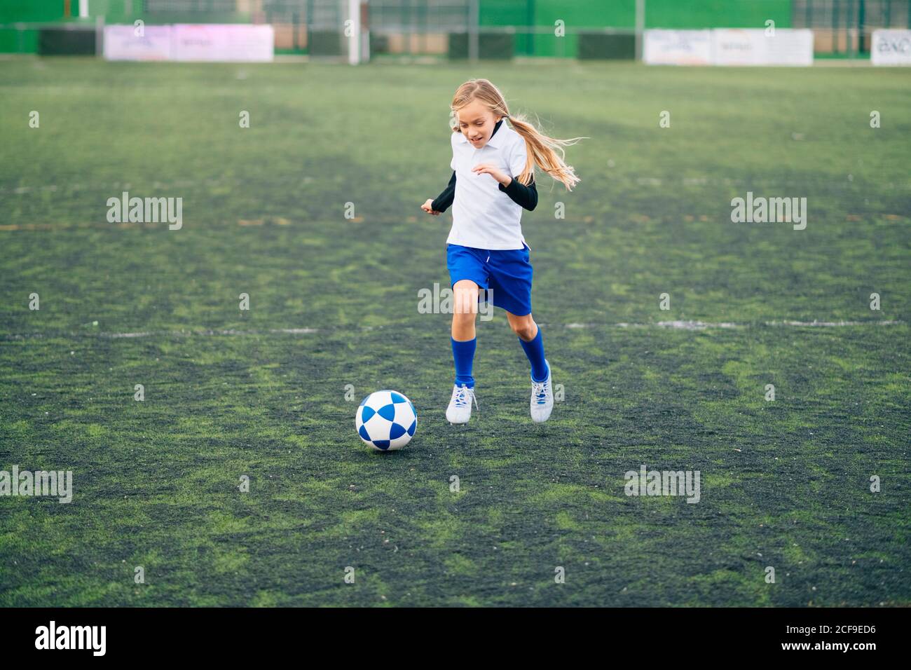 niña adolescente con uniforme blanco y azul y tacos para correr y  preparándose para patear el balón mientras jugaba al fútbol solo campo  verde en el club deportivo contemporáneo Fotografía de stock -