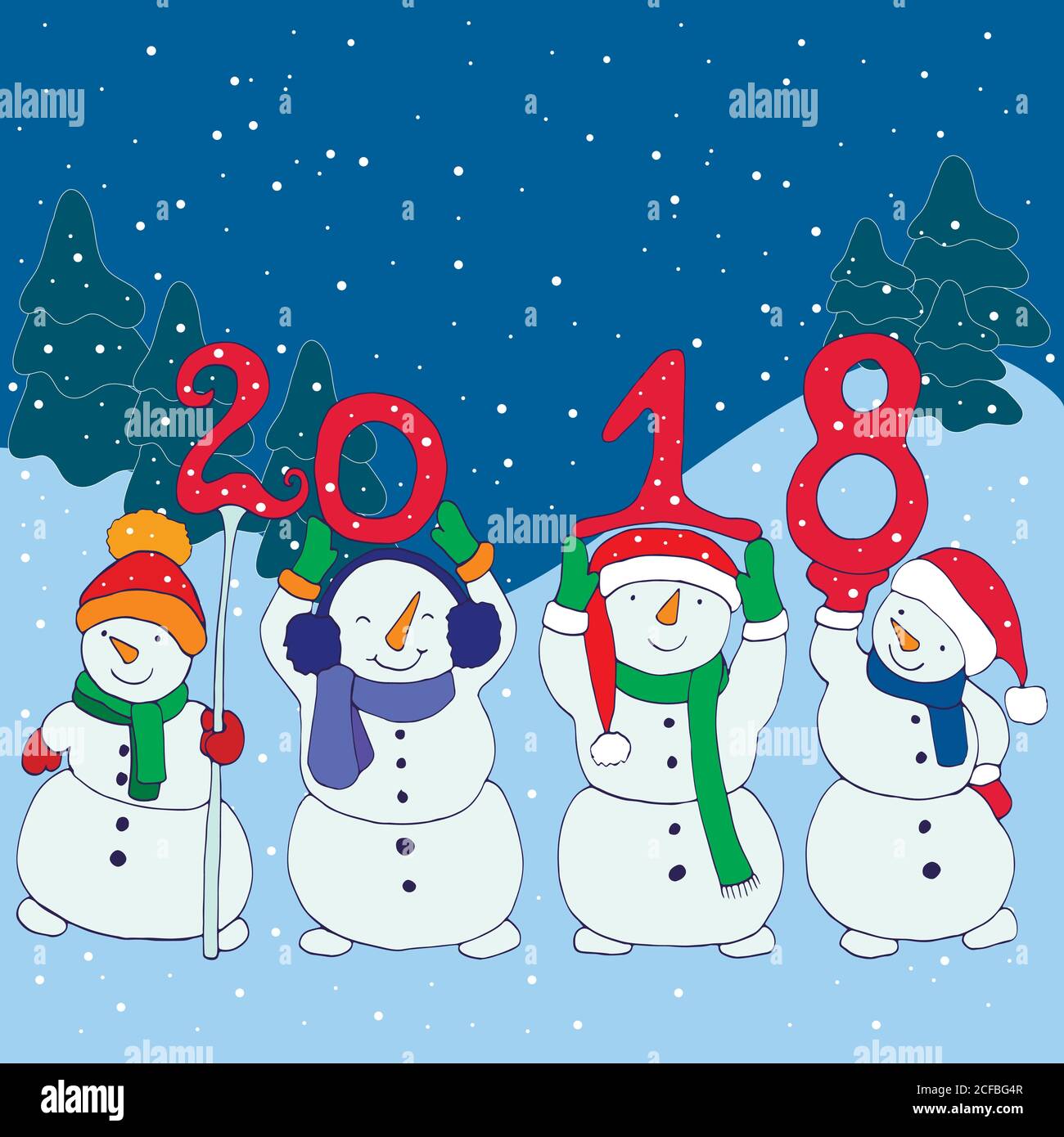 Cuatro divertidos muñecos de nieve tienen los números 2018 año Nuevo,  estilo de dibujos animados Imagen Vector de stock - Alamy