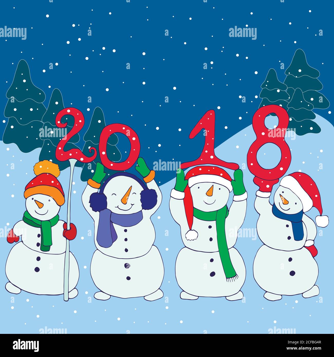 Cuatro divertidos muñecos de nieve tienen los números 2018 año Nuevo, estilo de dibujos animados Imagen Vector de stock - Alamy Cuatro divertidos muñecos de nieve tienen los números 2018 año Nuevo, estilo de dibujos animados Imagen Vector de stock - Alamy