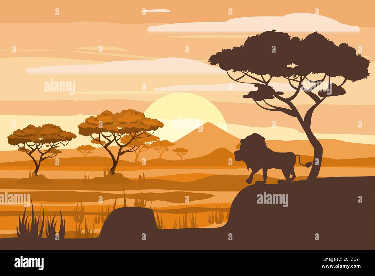 Paisaje africano, león, sabana, puesta de sol, vector, ilustración, estilo  de dibujos animados, aislado Imagen Vector de stock - Alamy