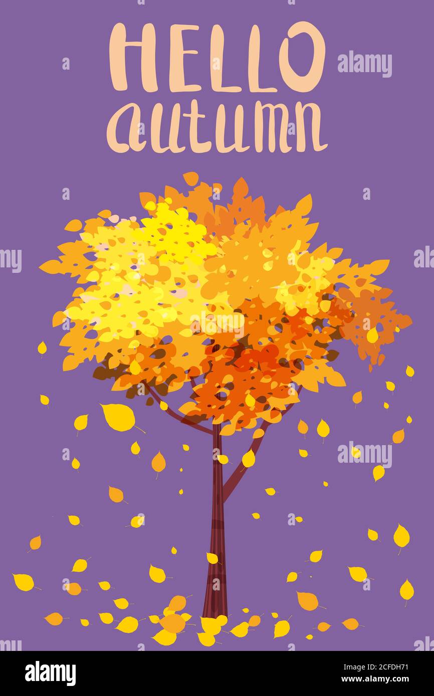 Hola Otoño, Lettering, árbol de otoño con hojas de envío, tarjeta postal  para Diseño de carteles, postales, invitaciones, carteles, folletos,  volantes. Vector Imagen Vector de stock - Alamy