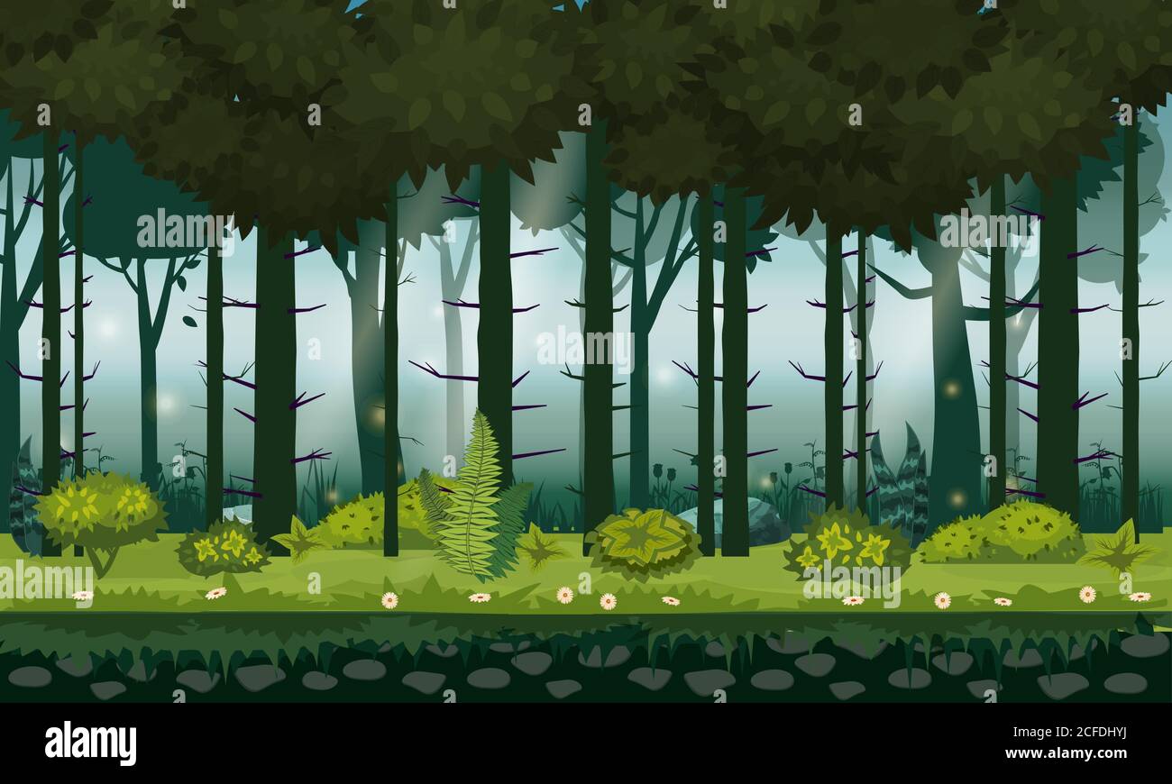 Ilustración de dibujos animados del bosque de fondo. Bosques brillantes,  silhouttes, árboles con arbustos, helechos y flores. Para juegos de diseño,  aplicaciones, sitios web Imagen Vector de stock - Alamy