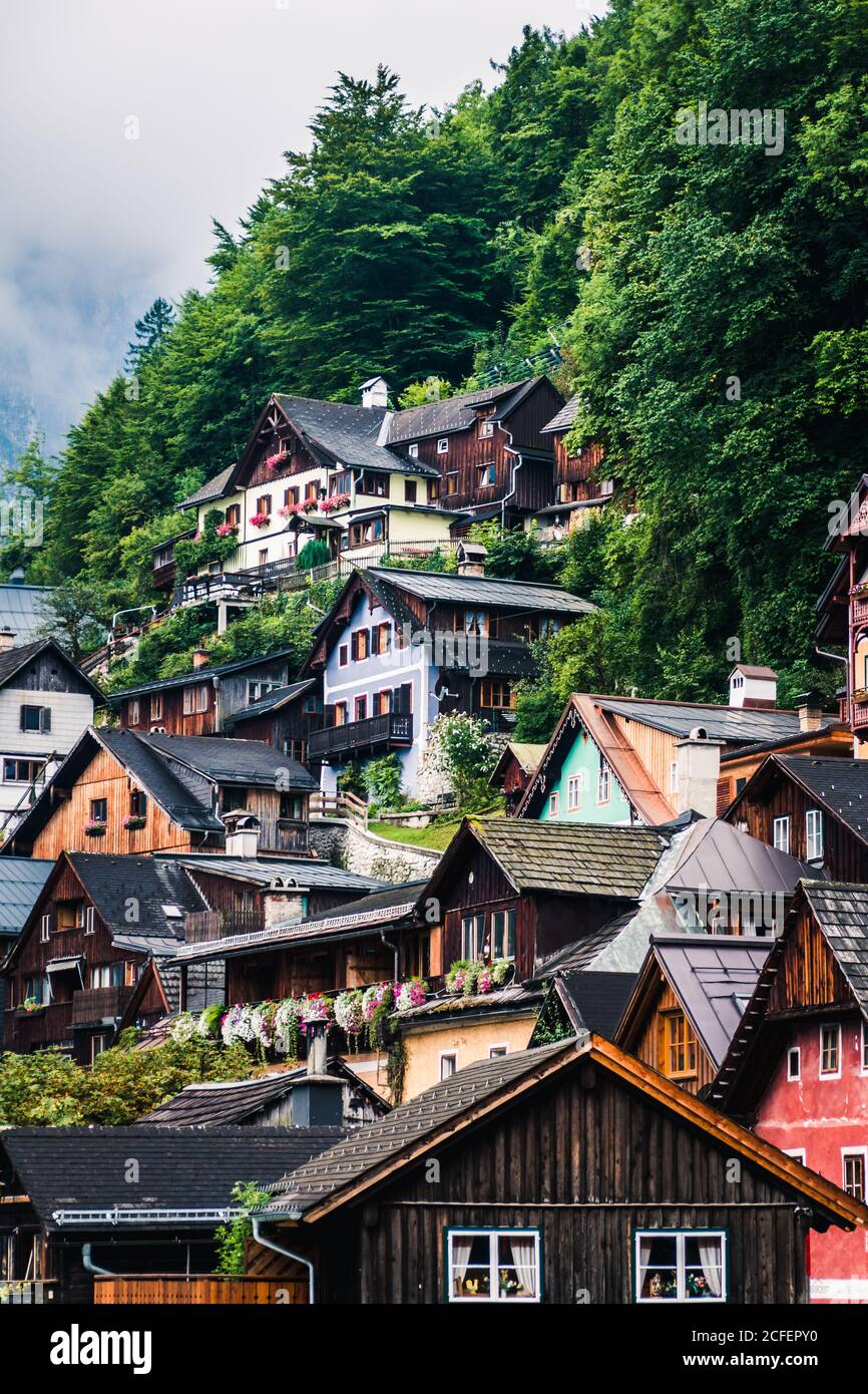 Casas acogedoras de pequeño asentamiento situado cerca del bosque en la montaña Pendiente en día nublado en Austria Foto de stock