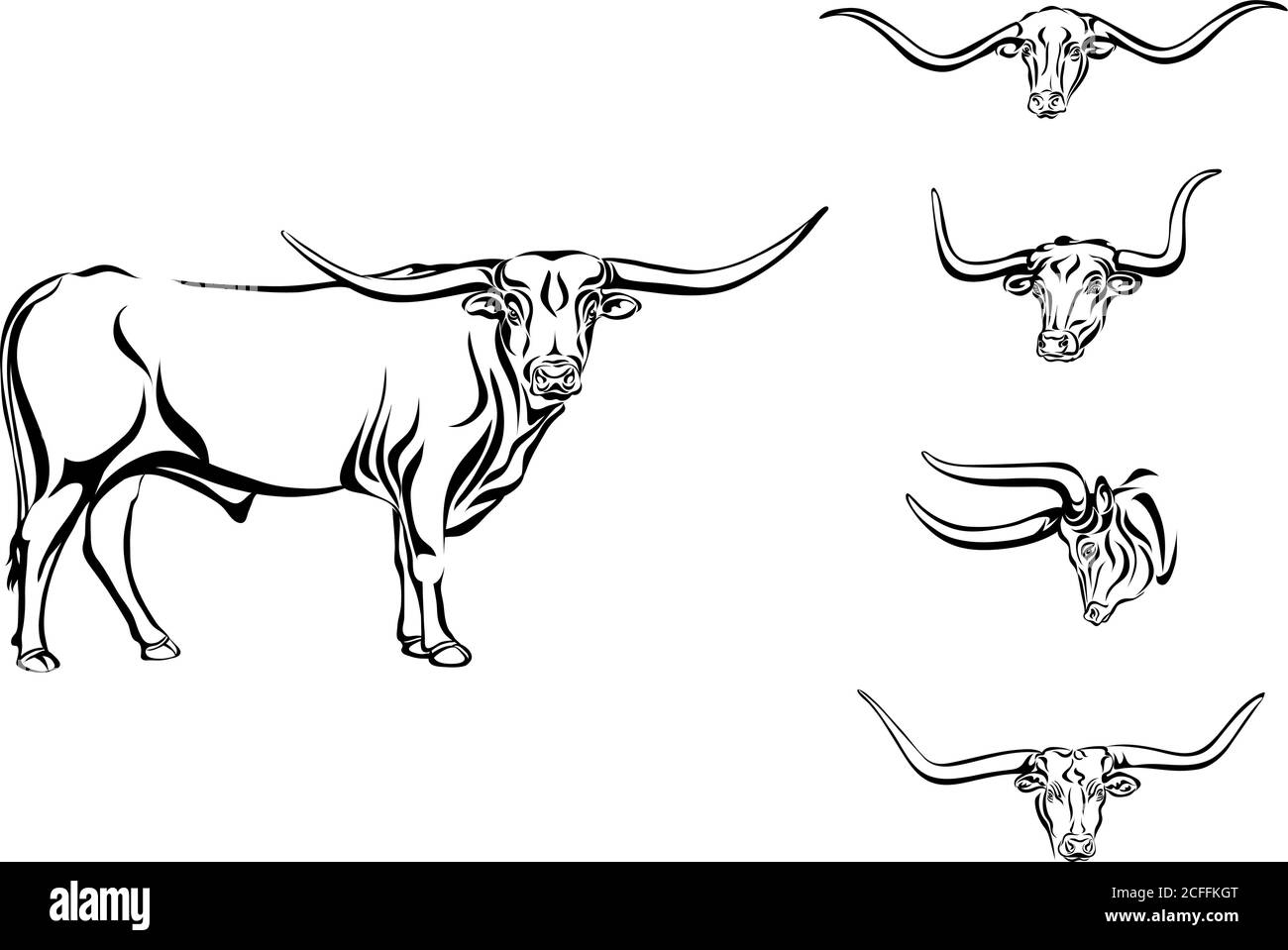 búfalo, toro, cabeza, cuernos, vector, imagen, dibujo, negro, animal, cría de animales, cría de ganado, aislado, ilustración, pezuñas, grande, línea, mamífero Ilustración del Vector