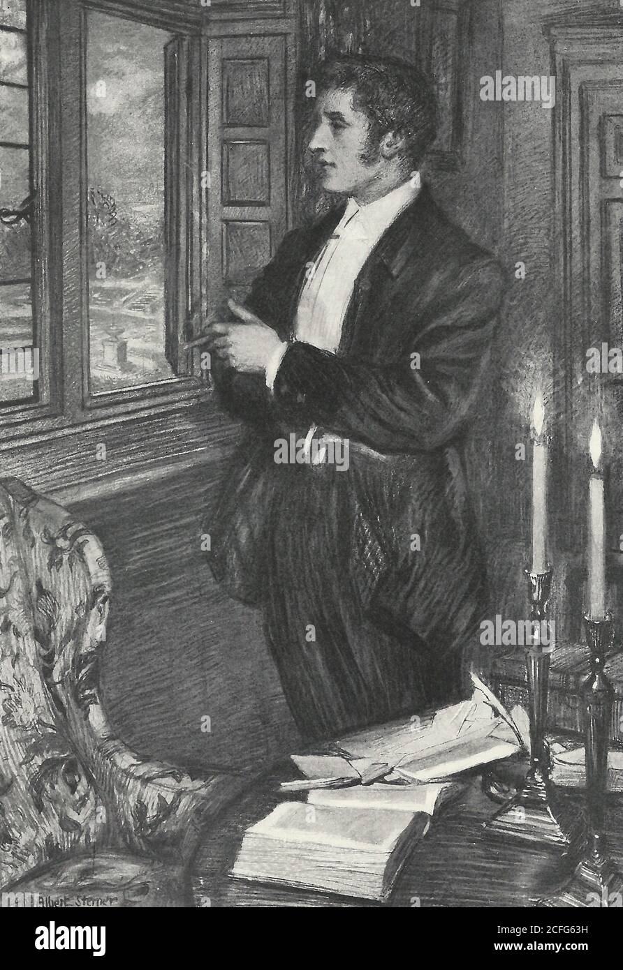 Se destacó mirando por la ventana - un hombre mirando fijamente por la ventana, alrededor de 1900 Foto de stock