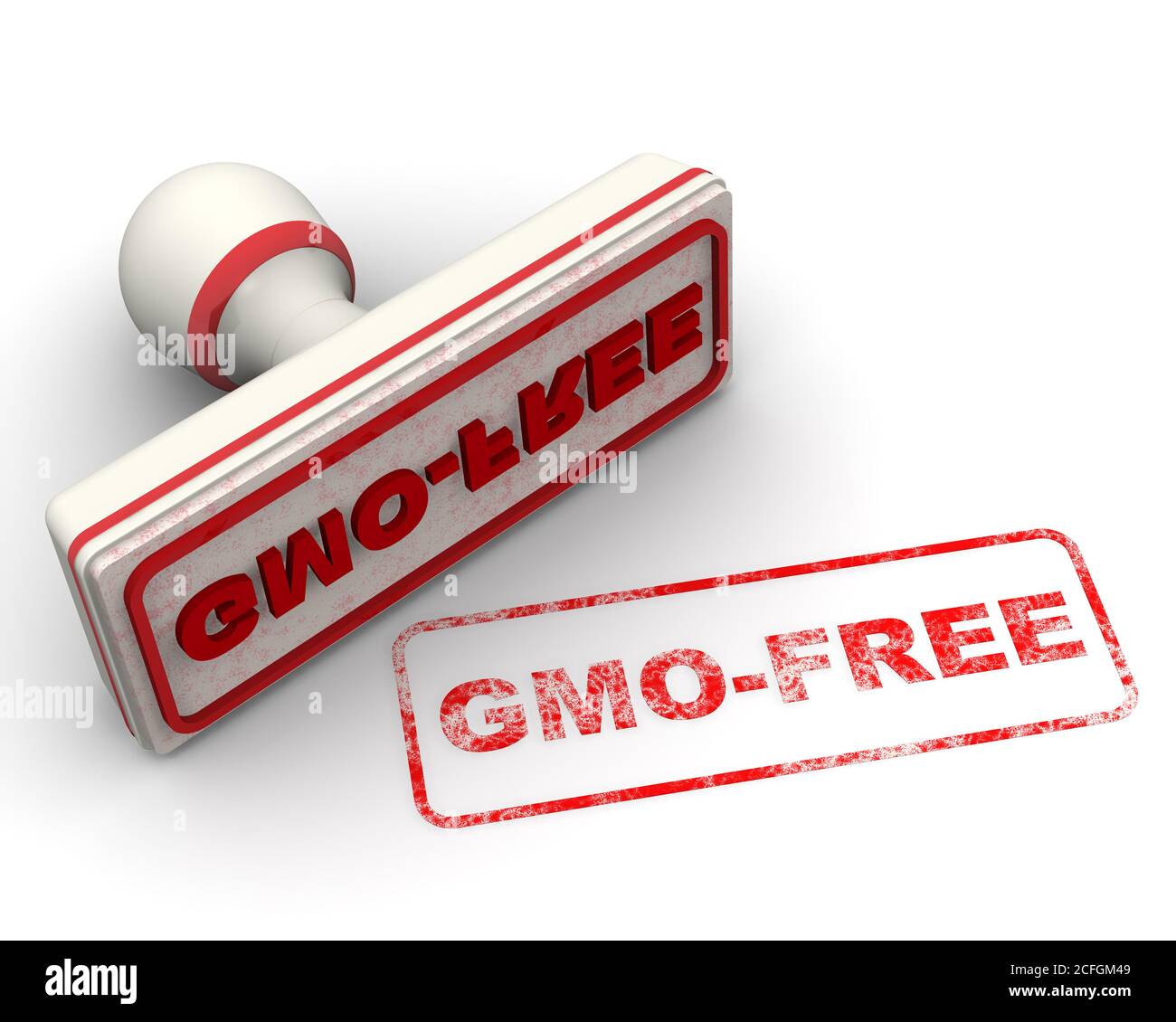 Libre de OMG. El sello y una huella. Sello blanco e impresión roja SIN OGM en superficie blanca. Ilustración 3D Foto de stock