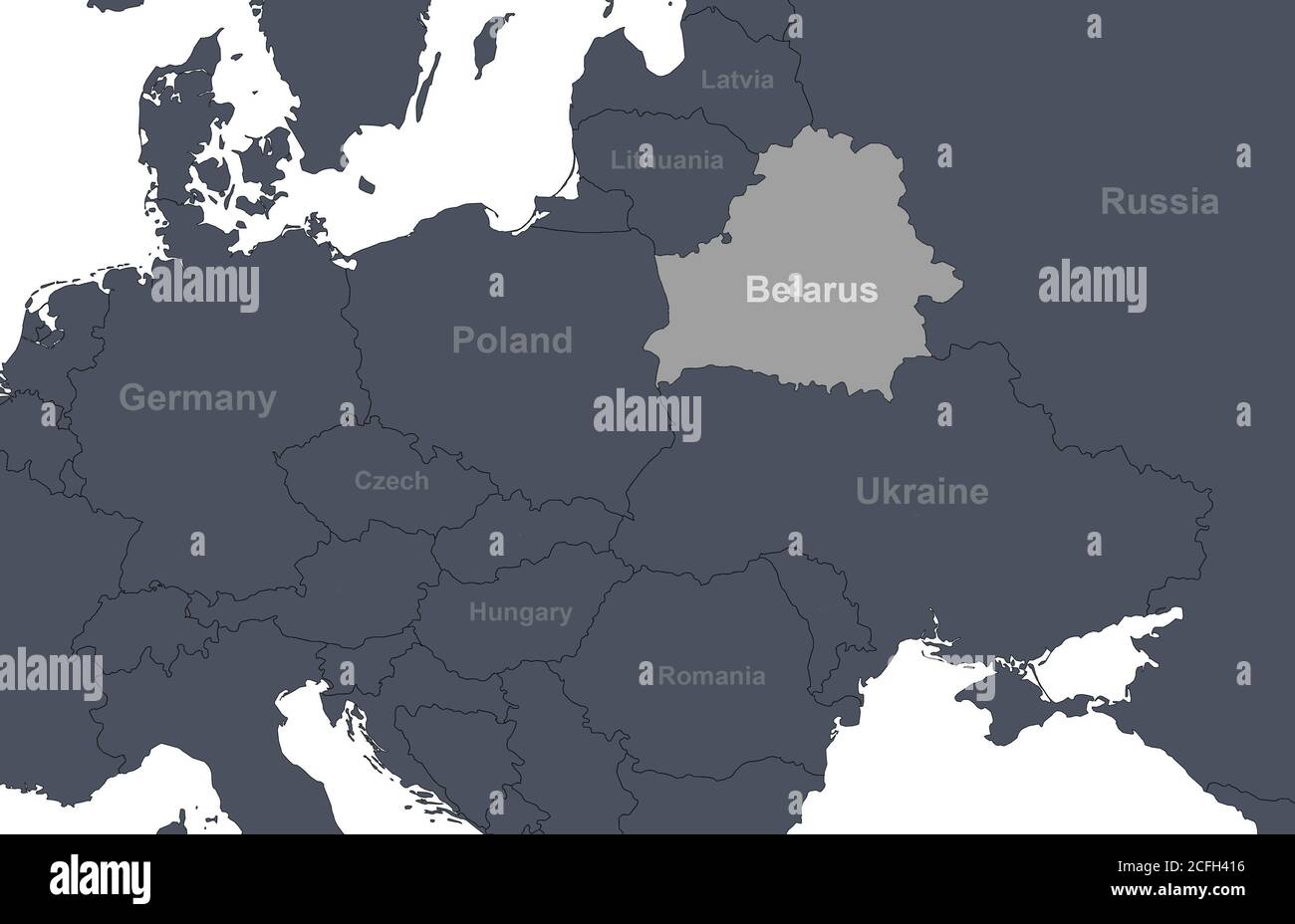 Bielorrusia en Europa mapa con fronteras de países. Detalle del mapa político mundial, región de Europa central y oriental con silueta. Aislamiento de tierra Foto de stock