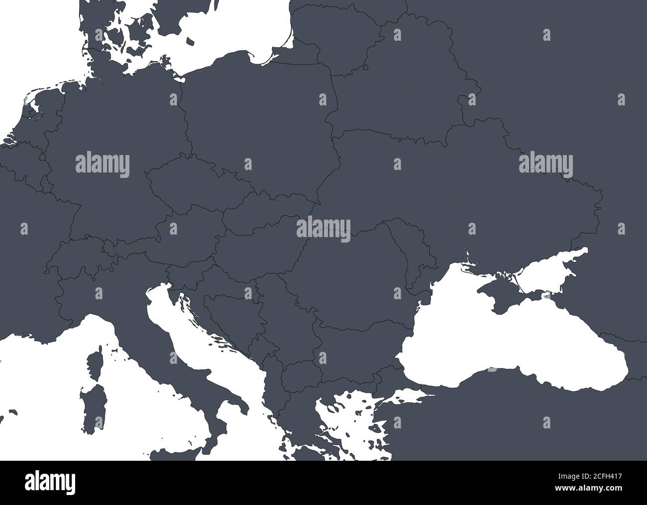 Mapa de Europa con fronteras de países. Detalle del mapa político mundial, región de Europa central y oriental con silueta. Tierra aislada sobre blanco Foto de stock
