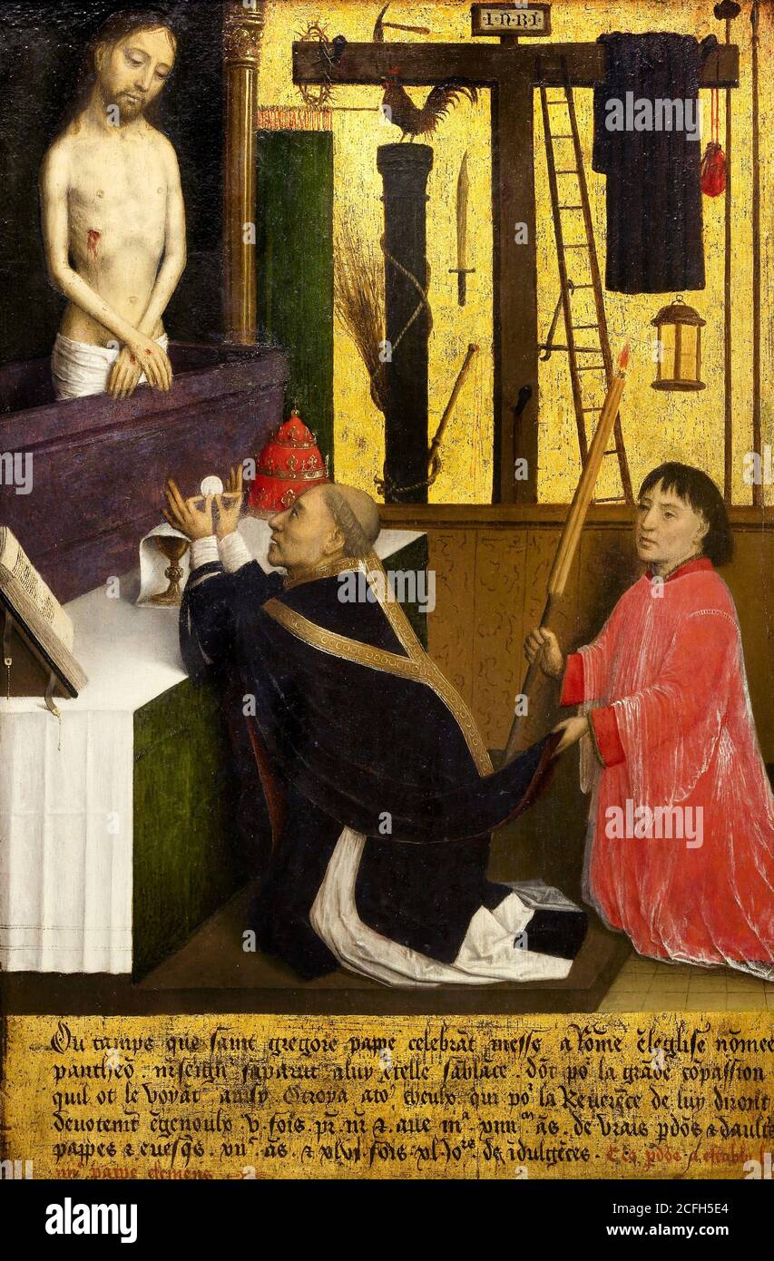 Simon Marmion, la Misa de San Gregorio 1475 Tempera, oro, tinta sobre pergamino, el Museo J. Paul Getty, los Ángeles, EE.UU. Foto de stock