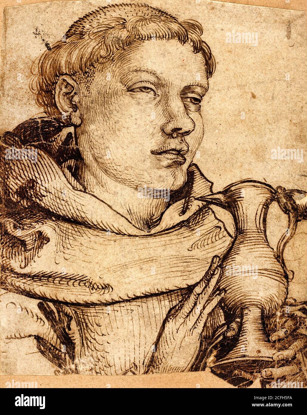 Martin Schongauerett, Bust of a Monk ayudando a la Comunión, 1450 - 1491, tinta marrón y pluma en papel, National Gallery of Art, Washington, D.C., Foto de stock