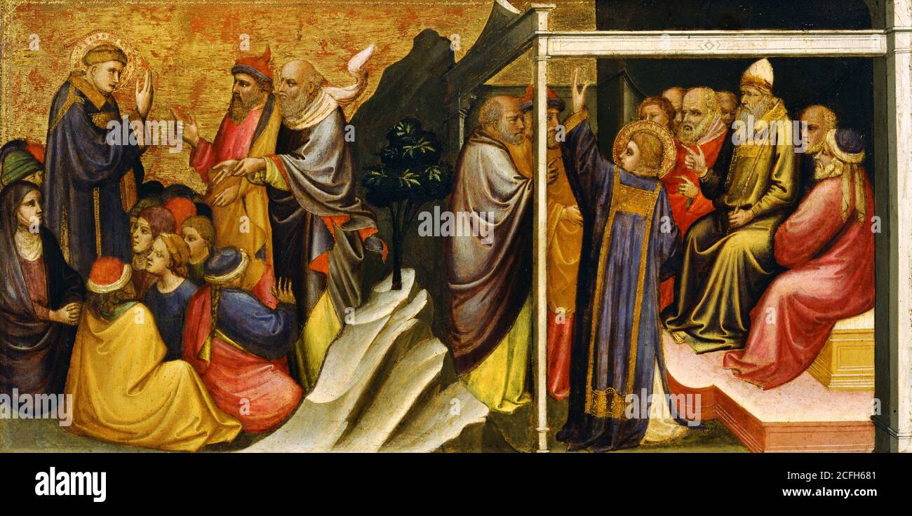 Mariotto di Nardo, Predella Panel, San Esteban ante el Sumo Sacerdote y ancianos del Sanedrín 1408 Tempera en panel, Museo Nacional de Ar Occidental Foto de stock