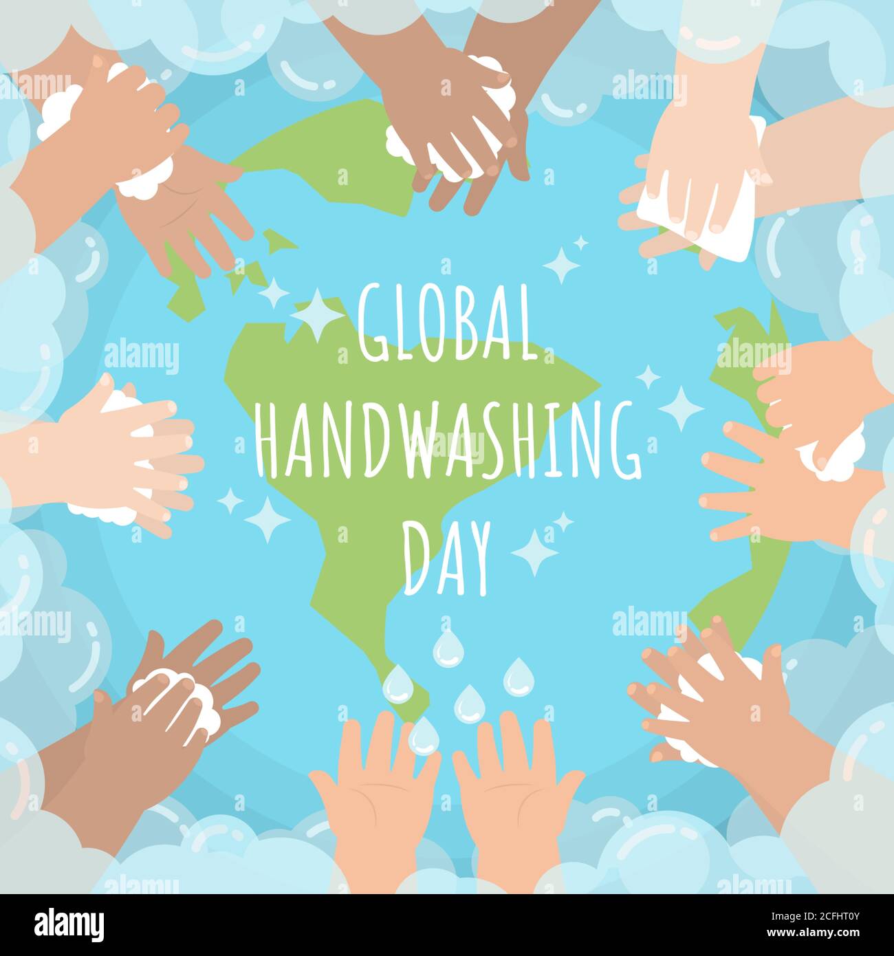 Manos de niños de varias razas lavándose y limpiándose alrededor el globo que rodea la burbuja de jabón en estilo de dibujos animados planos para el día mundial del lavado de manos Ilustración del Vector