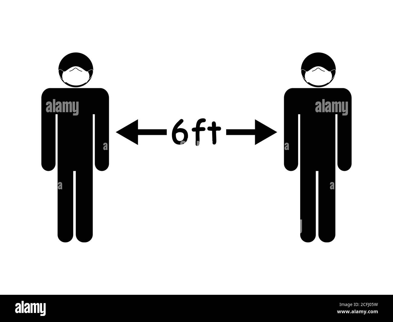 Figura de palillo de 6 pies de distancia social con máscara facial. Icono blanco y negro que representa la distancia física de seis pies durante el brote pandémico para prevenir la VI Ilustración del Vector