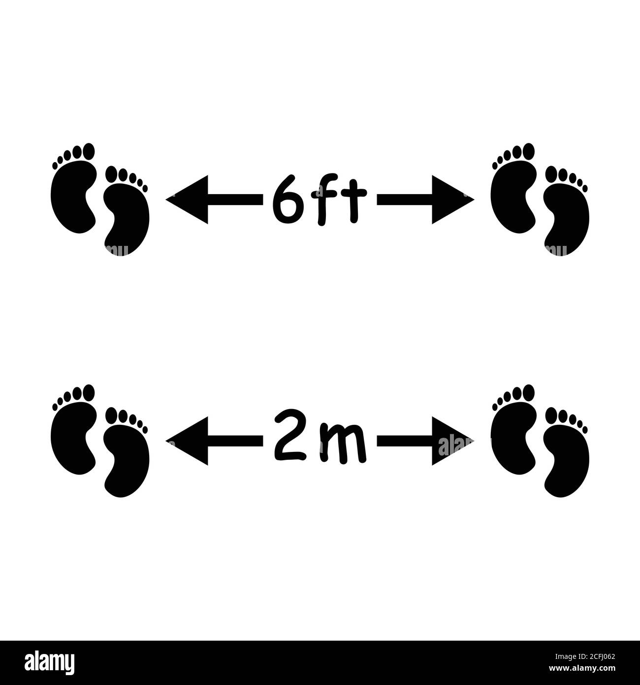 Distanciamiento social 6 pies y 2m pies huellas icono. Icono de Marca de suelo en blanco y negro que representa la distancia física de seis pies y dos metros D. Ilustración del Vector