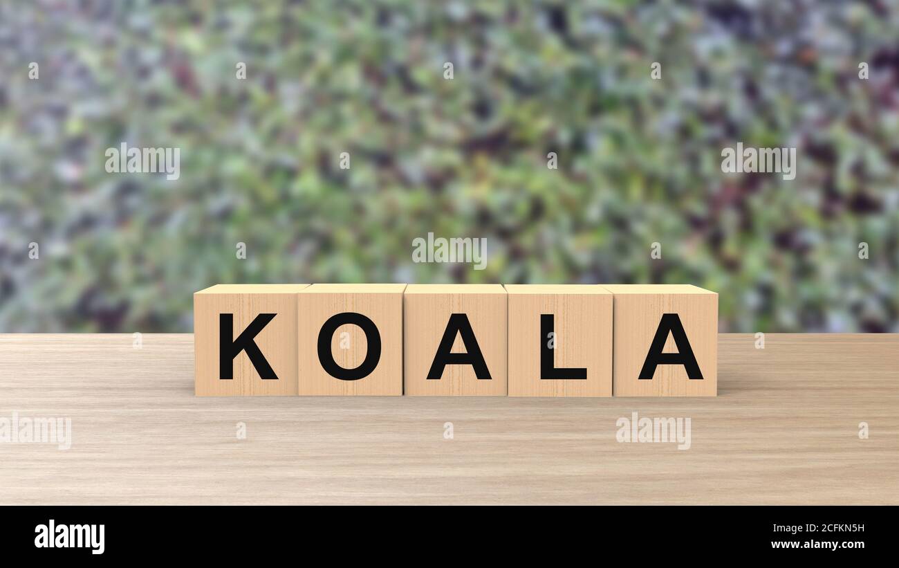 Koala - palabra cubos de madera en la mesa borroso fondo escalada hojas verdes. Australia animal, emergencia australiana, ayuda fuego emblema diseño plantilla. Ve Foto de stock