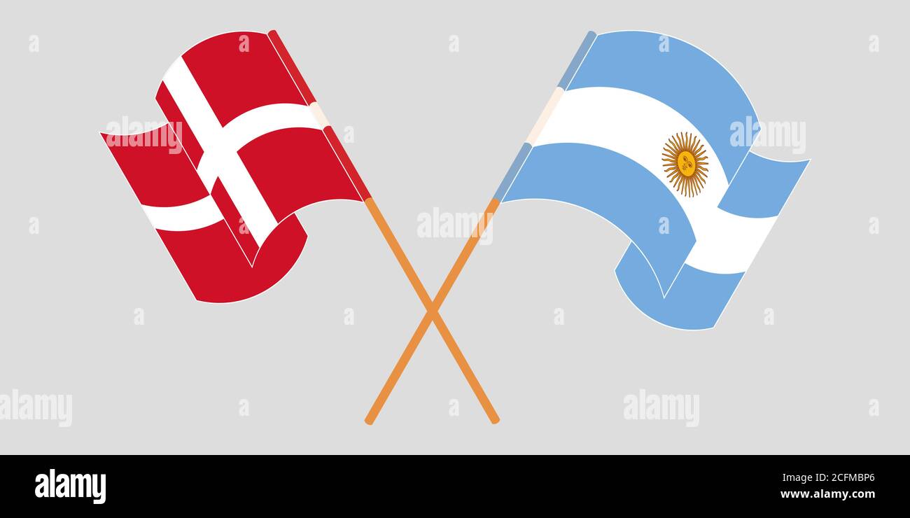 Banderas cruzadas y agitadas de Argentina y Dinamarca. Ilustración vectorial Ilustración del Vector