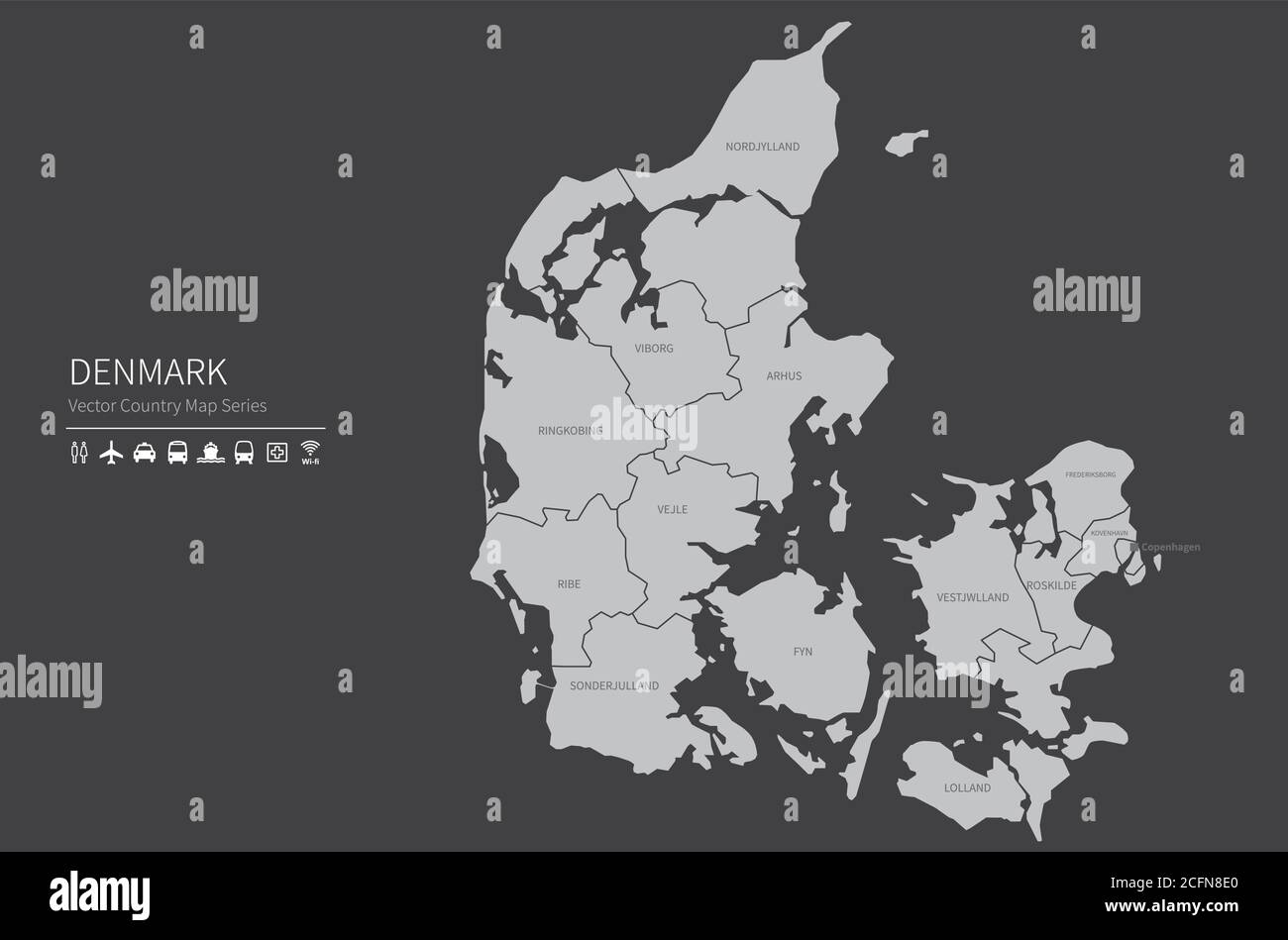 Mapa de Dinamarca. Mapa nacional del mundo. Serie de mapas de países de color gris. Ilustración del Vector