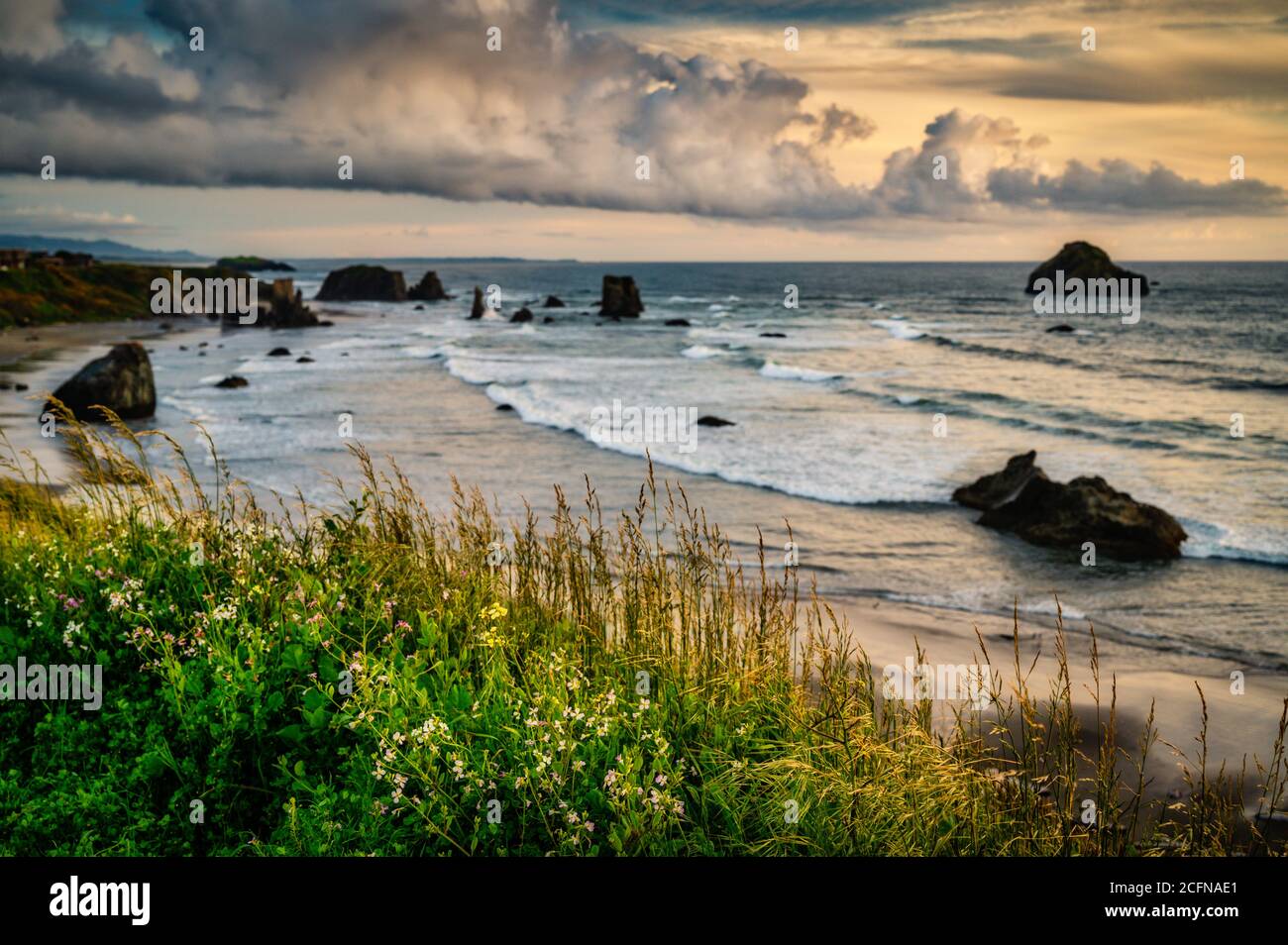 Nubes de tormenta dramáticas sobre la playa con pilas de mar en Oregon, Estados Unidos Foto de stock