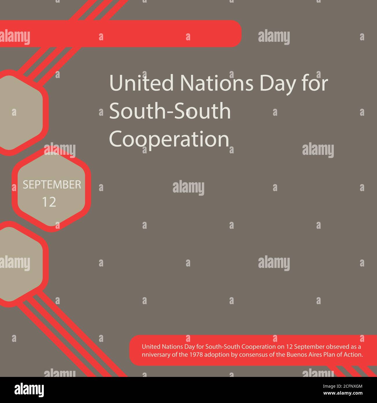 Día de las Naciones Unidas para la Cooperación Sur-Sur, el 12 de septiembre pasado como aniversario de la aprobación de 1978 por consenso de la Buenos Aires Plan de AC Ilustración del Vector