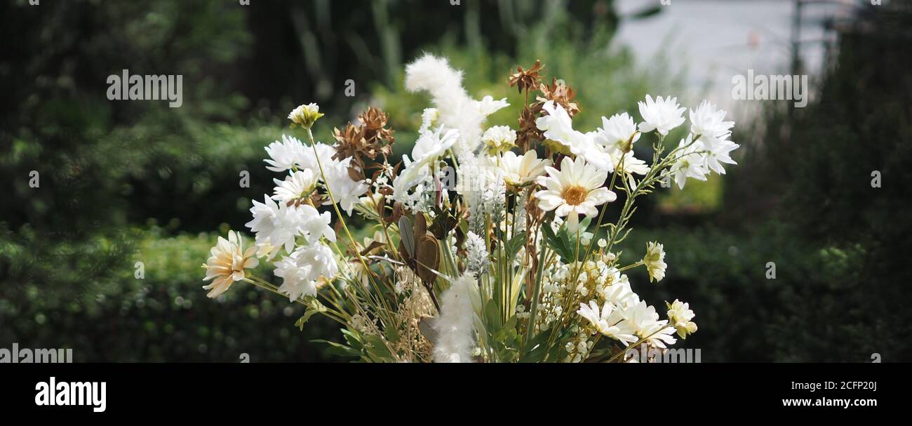 Flores artificiales Bouquet flores secas estaticia suave color blanco tono en estilo vintage, concepto para escribir diseño de texto en el fondo frontal para la bandera, Foto de stock