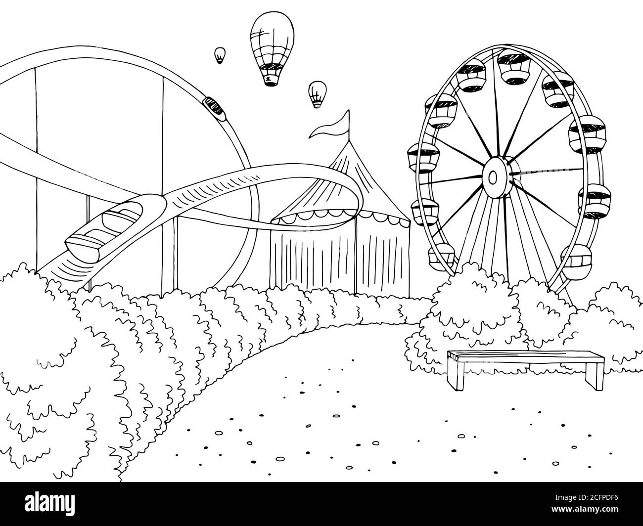 Parque de atracciones paisaje gráfico blanco negro dibujo ilustración vector Ilustración del Vector