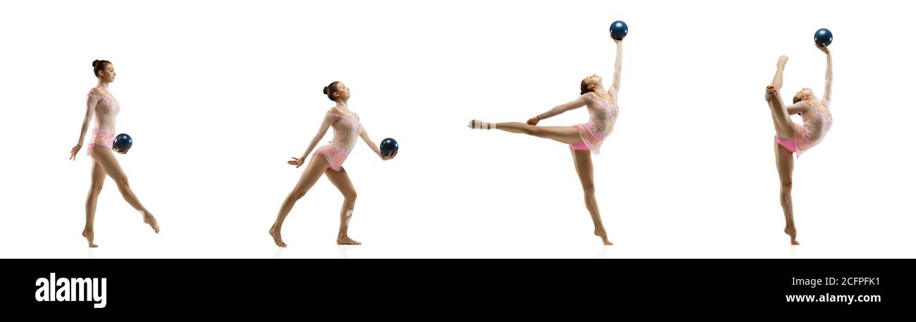 Niña flexible aislada en la pared blanca. pequeña modelo femenina como  artista de gimnasia rítmica en leotardo brillante. gracia en movimiento,  acción y deporte. haciendo ejercicios con la pelota.