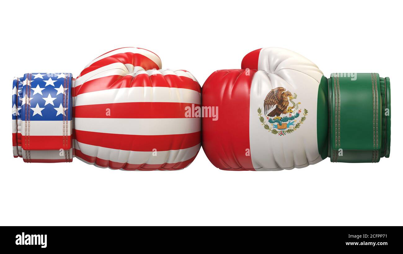 EE.UU. Contra guante de boxeo mexicano, América vs. México conflicto internacional o rivalidad 3D render Foto de stock