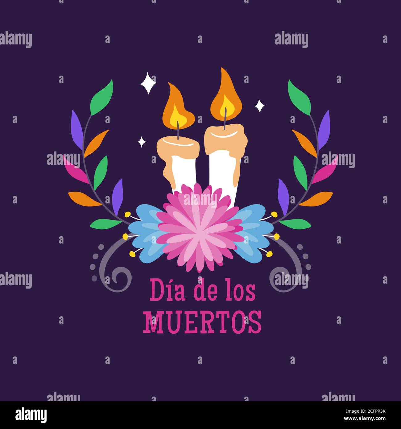 Día de muertos (día de muertos) etiqueta. Velas de dibujos animados y  flores decorativas mexicanas. Ilustración de vector lindo Imagen Vector de  stock - Alamy