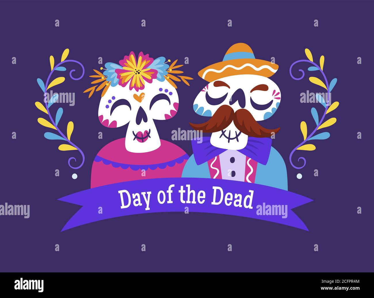 Día de muertos (día de muertos) Banner. Cartoon pareja de calavera mexicana  con texto en inglés. Ilustración de vector lindo Imagen Vector de stock -  Alamy