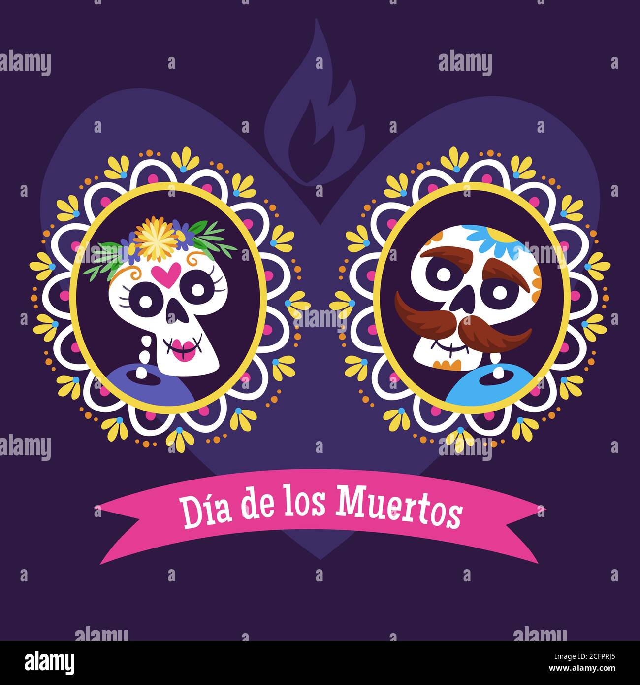 Día de los muertos - Dia de los muertos etiqueta. Dibujos animados México  cráneo pareja retrato en un marco decorativo. Ilustración de vector lindo  Imagen Vector de stock - Alamy