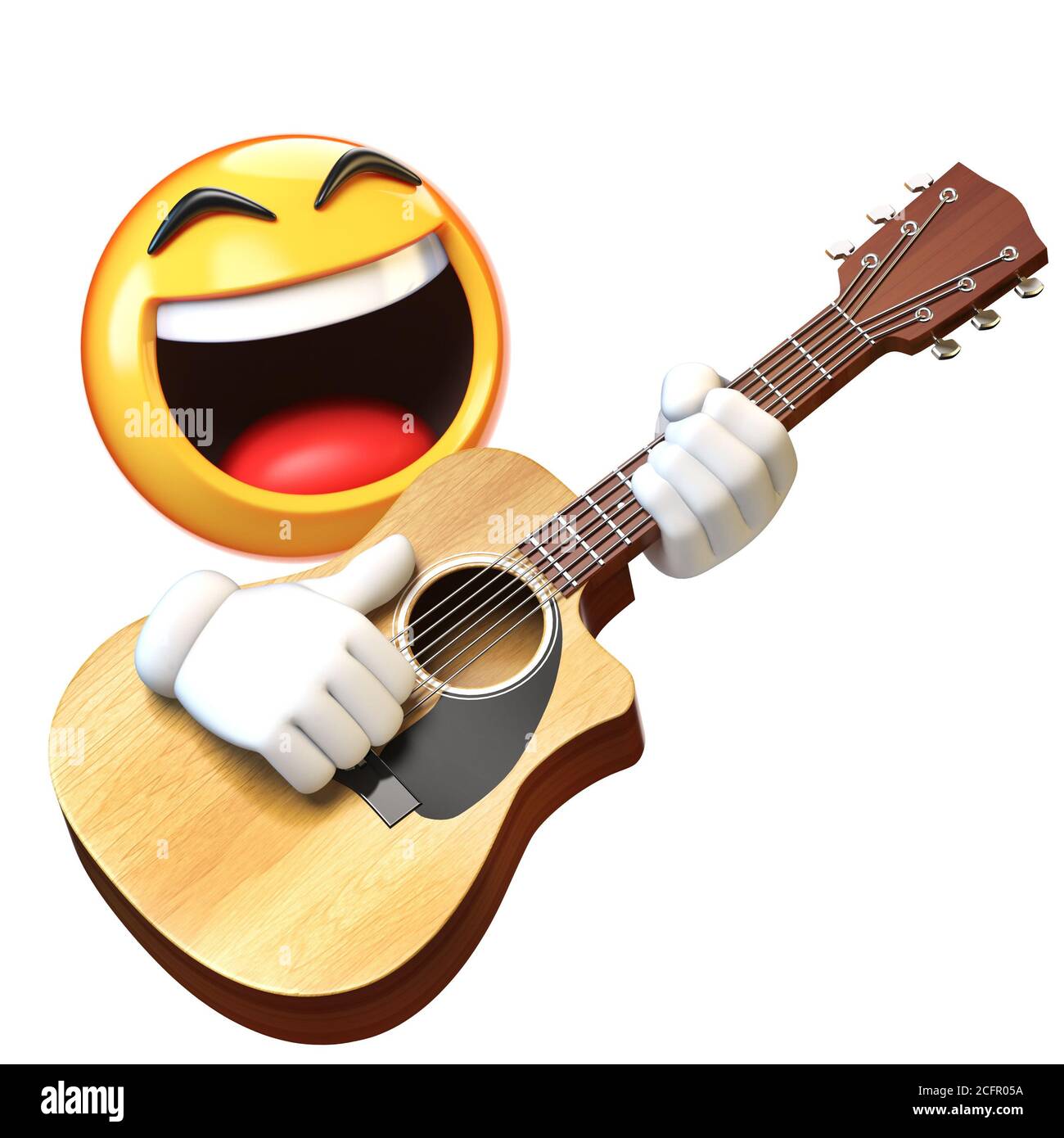 Emoji tocando guitarra aislada sobre fondo blanco, emoticono guitarrista 3D rendering Fotografía