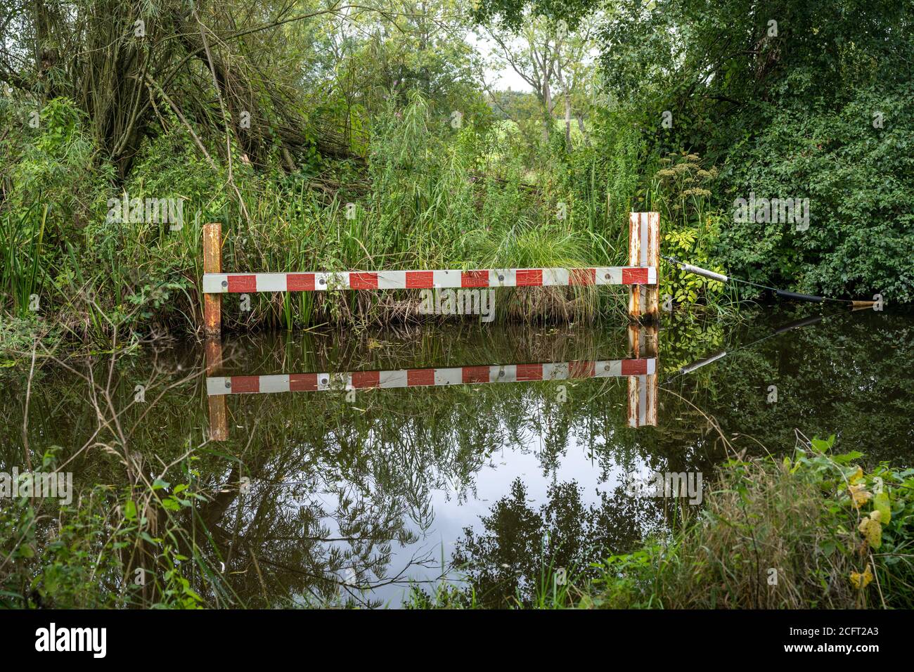 Barrera en el Canal de Montgomery en Shropshire para mantener los barcos inundados de peligros bancarios. Foto de stock