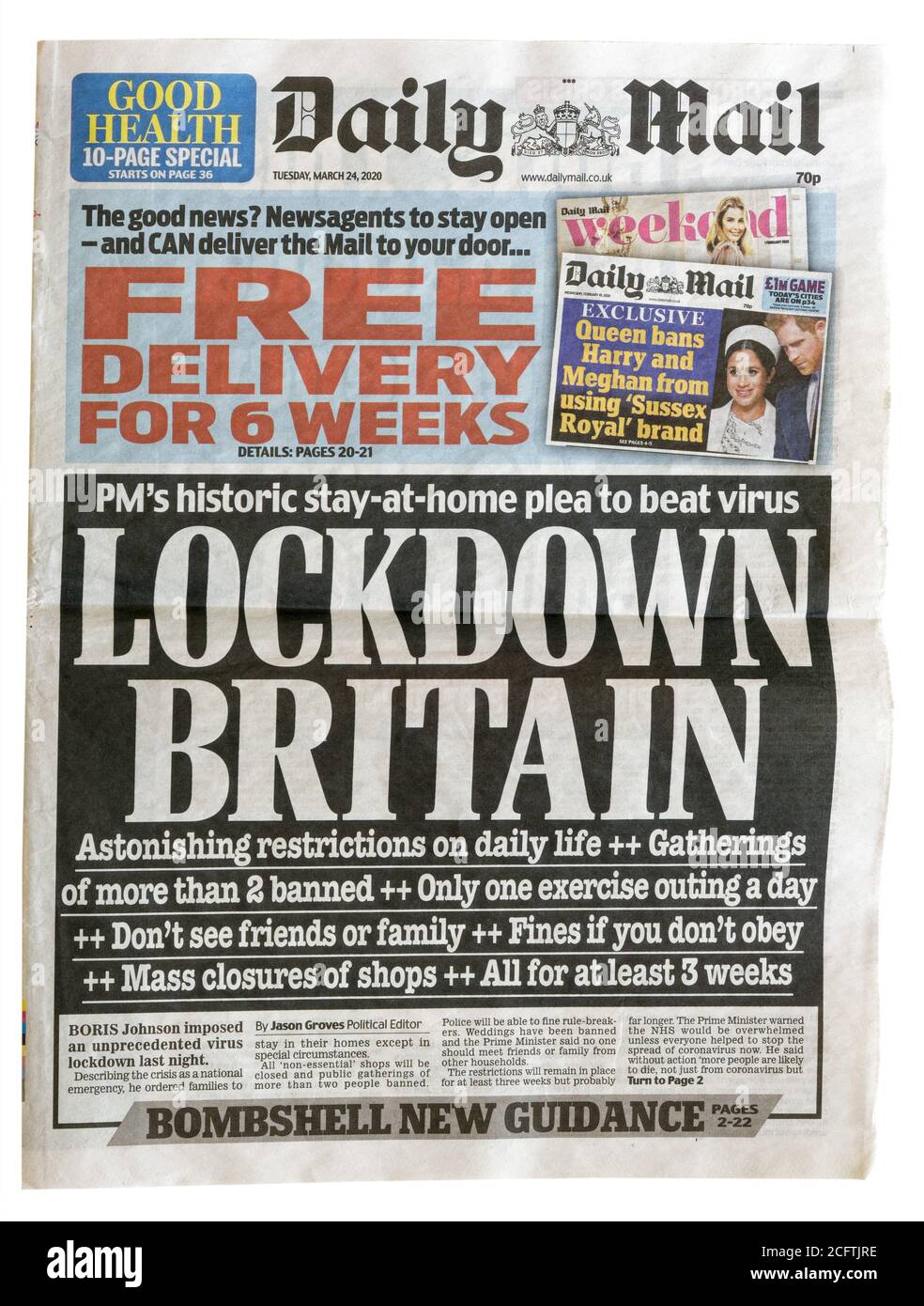 La primera página del Daily Mail del 2020 de marzo Con el título Lockdown Britain Foto de stock