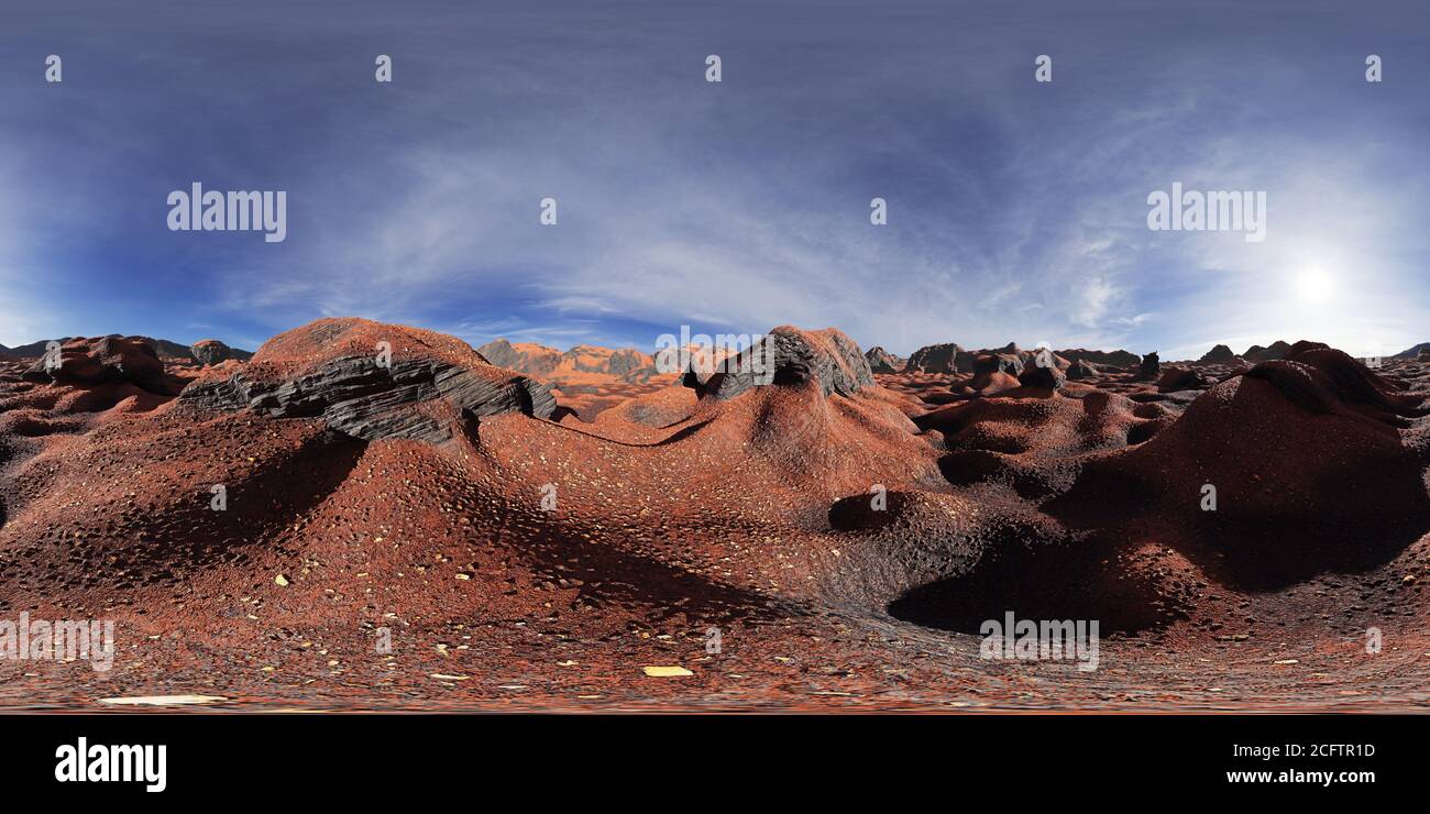 Superficie del planeta Marte, mapa HDRI de 8K, fondo panorámico esférico de 360 grados, entorno de fuente de luz (representación equirectangular 3d) Foto de stock