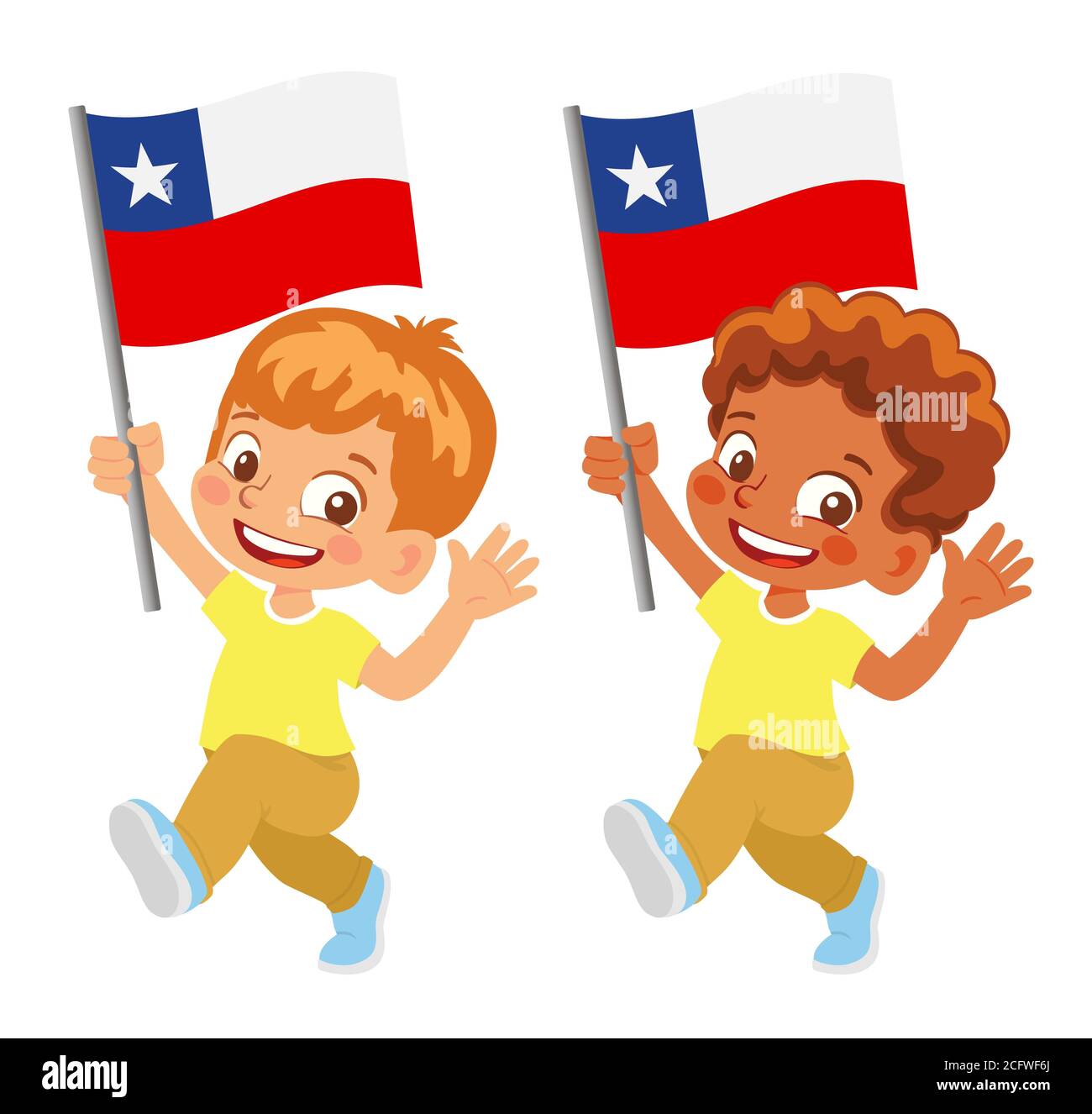 Chile bandera en mano. Niños con bandera. Bandera nacional de Chile
