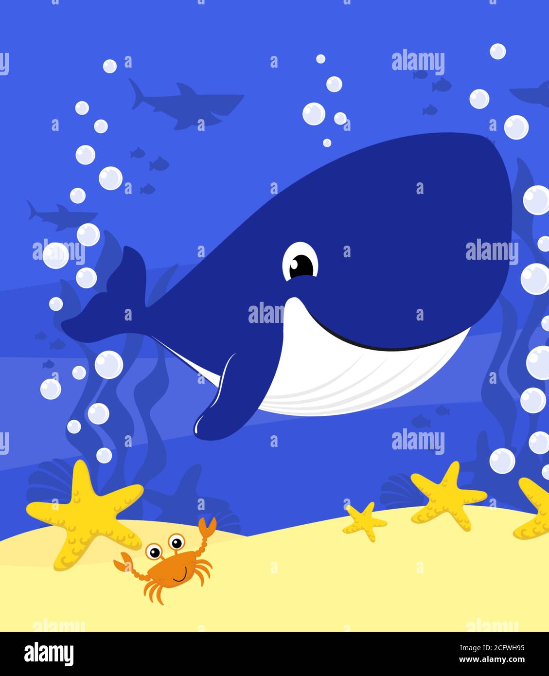 lindo bebé ballena dibujo de dibujos animados con burbujas y bajo el fondo  del mar. Diseño para bebés y niños Imagen Vector de stock - Alamy