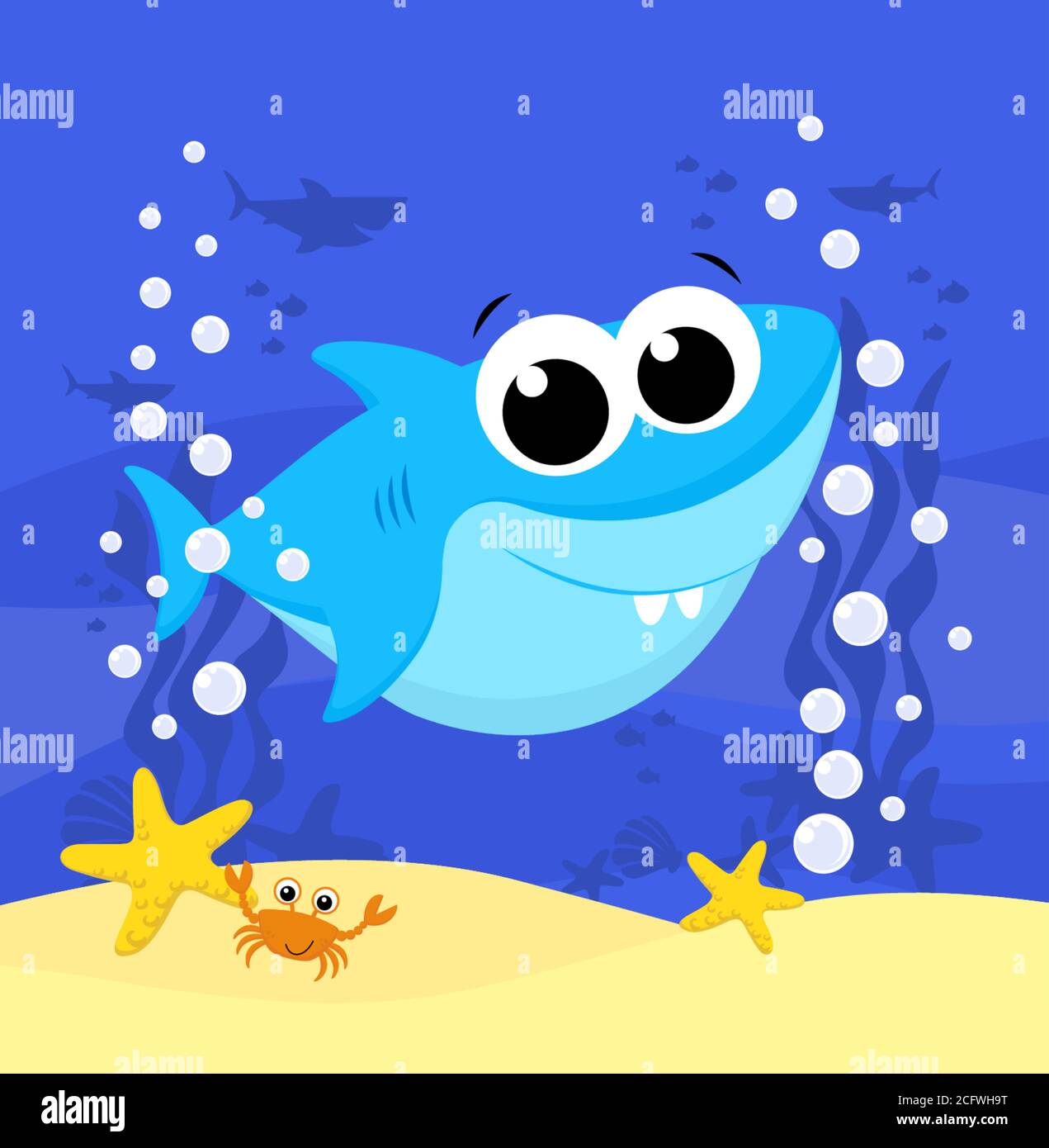 lindo bebé tiburón dibujo de dibujos animados con burbujas y bajo el fondo  del mar. Diseño para bebés y niños Imagen Vector de stock - Alamy