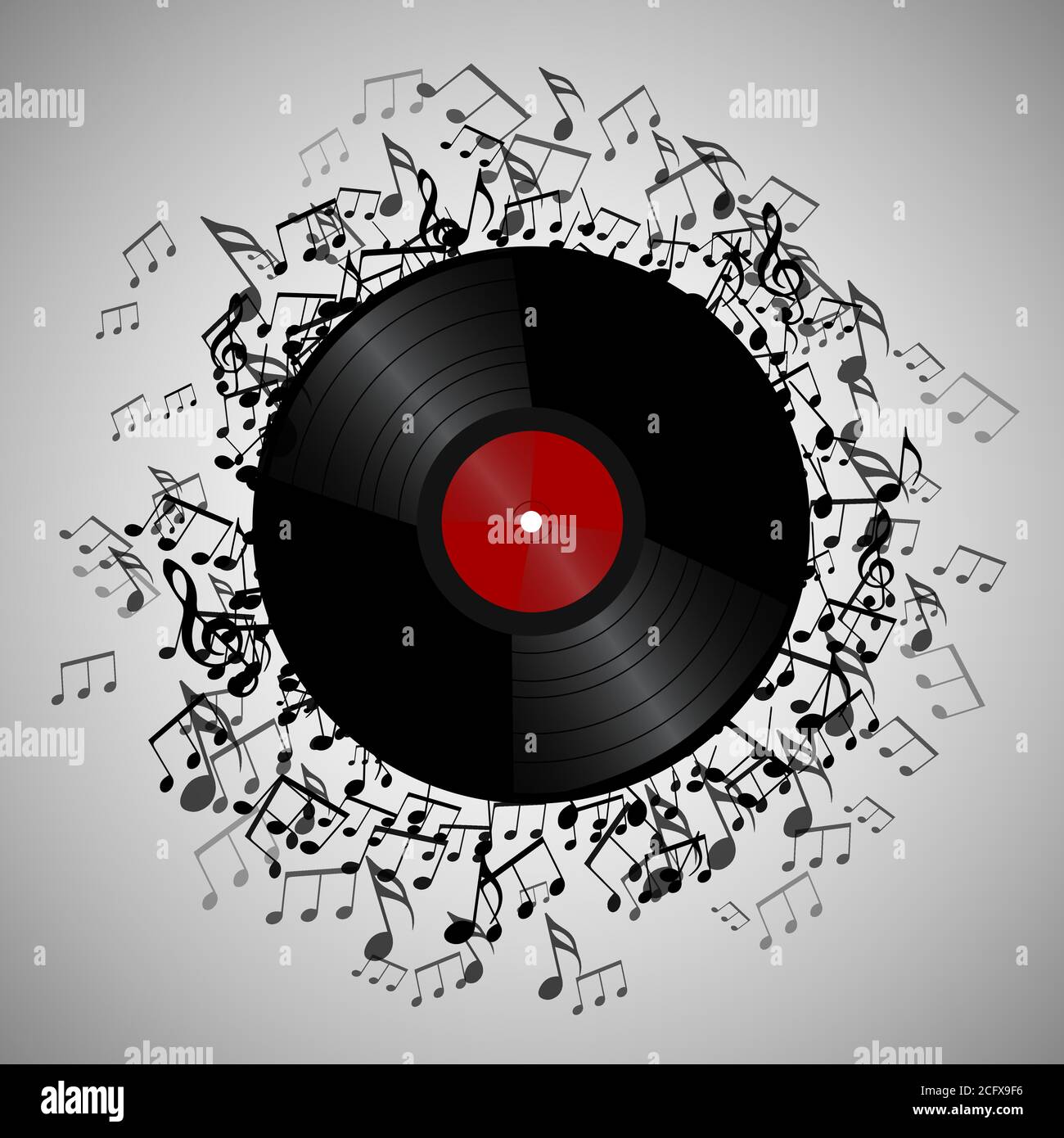 Disco de vinilo música composición realista abstracción con notas musicales  volando fuera de la ilustración de vector de registro