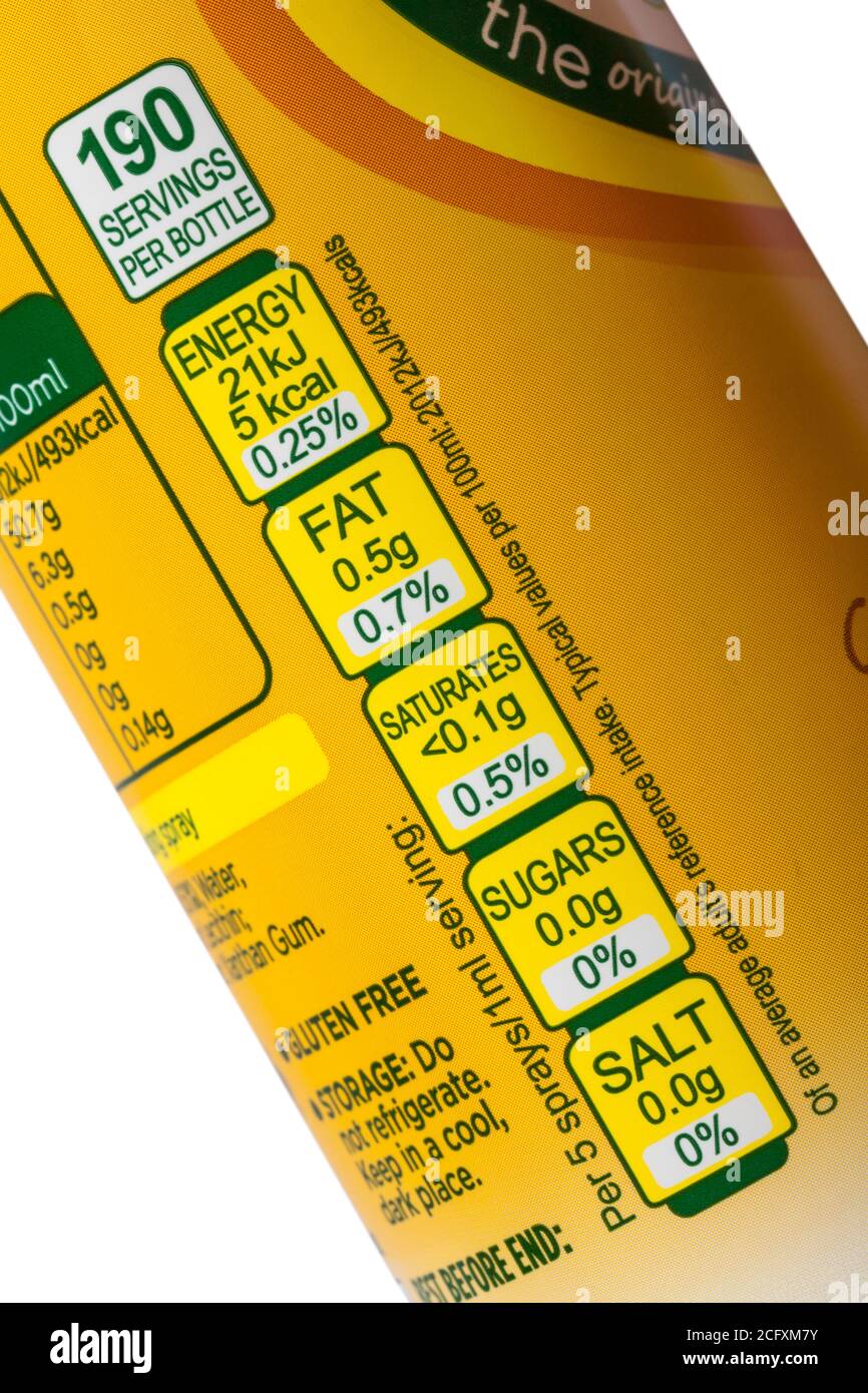 Información nutricional sobre la botella de aceite de girasol dorado claro  aerosol de cocina Fotografía de stock - Alamy
