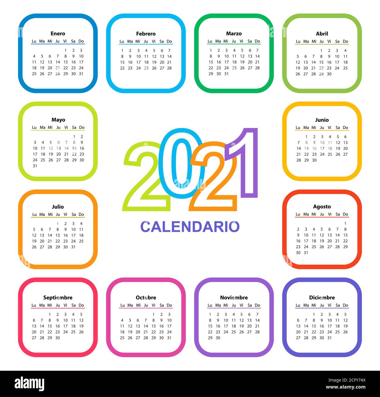 Calendario de colores en 2021 años con forma cuadrada, español. La semana  comienza el lunes. Calendario de plantilla vectorial para negocios sobre  fondo blanco. Marco de color cuadrado Imagen Vector de stock -